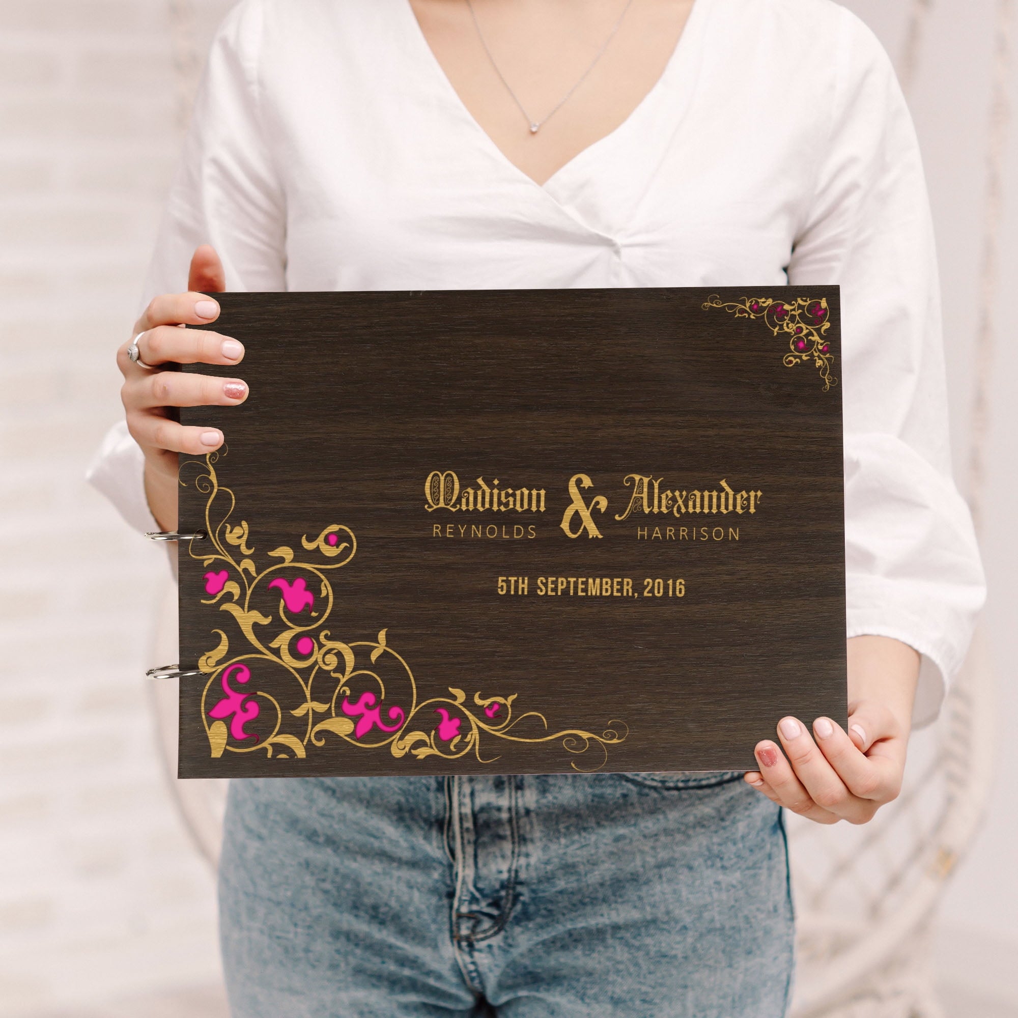 Darling Souvenir Personalized Engraved Laser Cut Wedding Guest Book Wooden Cover Sign-in Book Registry Guestbook Scrapbook-H4