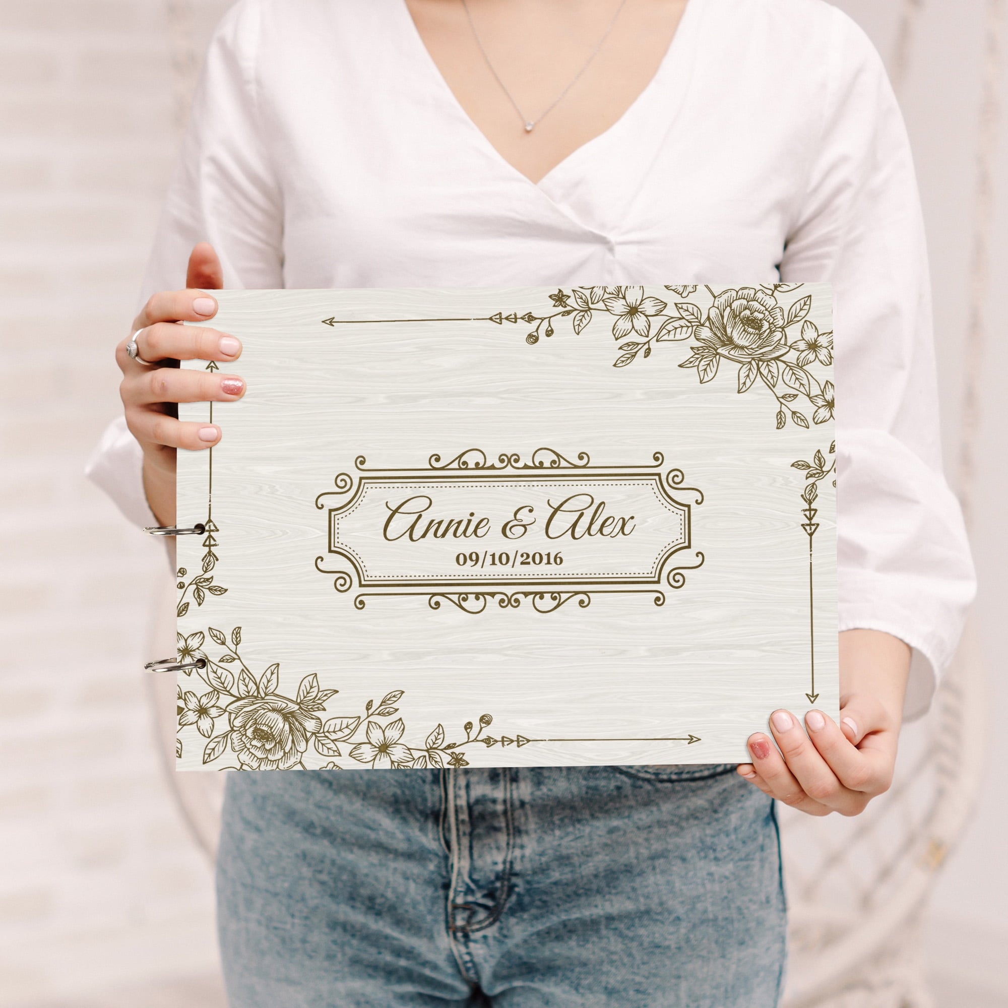 Darling Souvenir Personalized Engraved Laser Cut Wedding Guest Book Wooden Cover Sign-in Book Registry Guestbook Scrapbook-H2