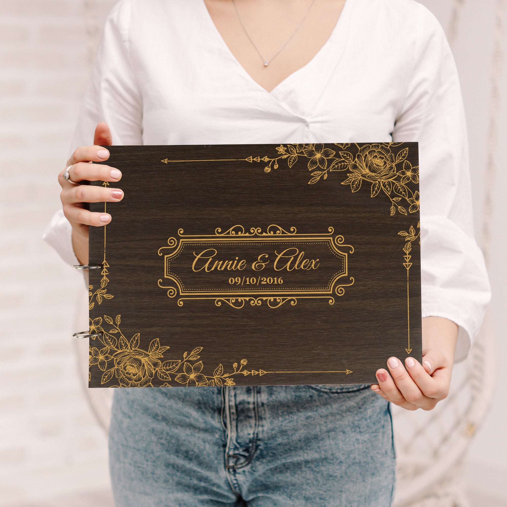 Darling Souvenir Personalized Engraved Laser Cut Wedding Guest Book Wooden Cover Sign-in Book Registry Guestbook Scrapbook-H2