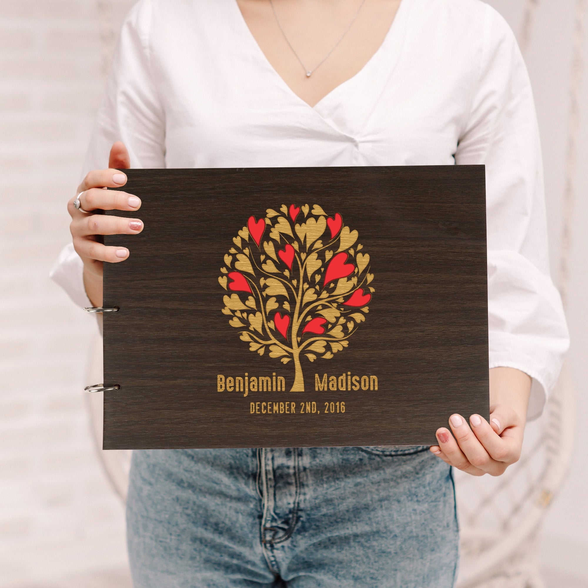 Darling Souvenir Personalized Engraved Laser Cut Wedding Guest Book Wooden Cover Sign-in Book Registry Guestbook Scrapbook-BK