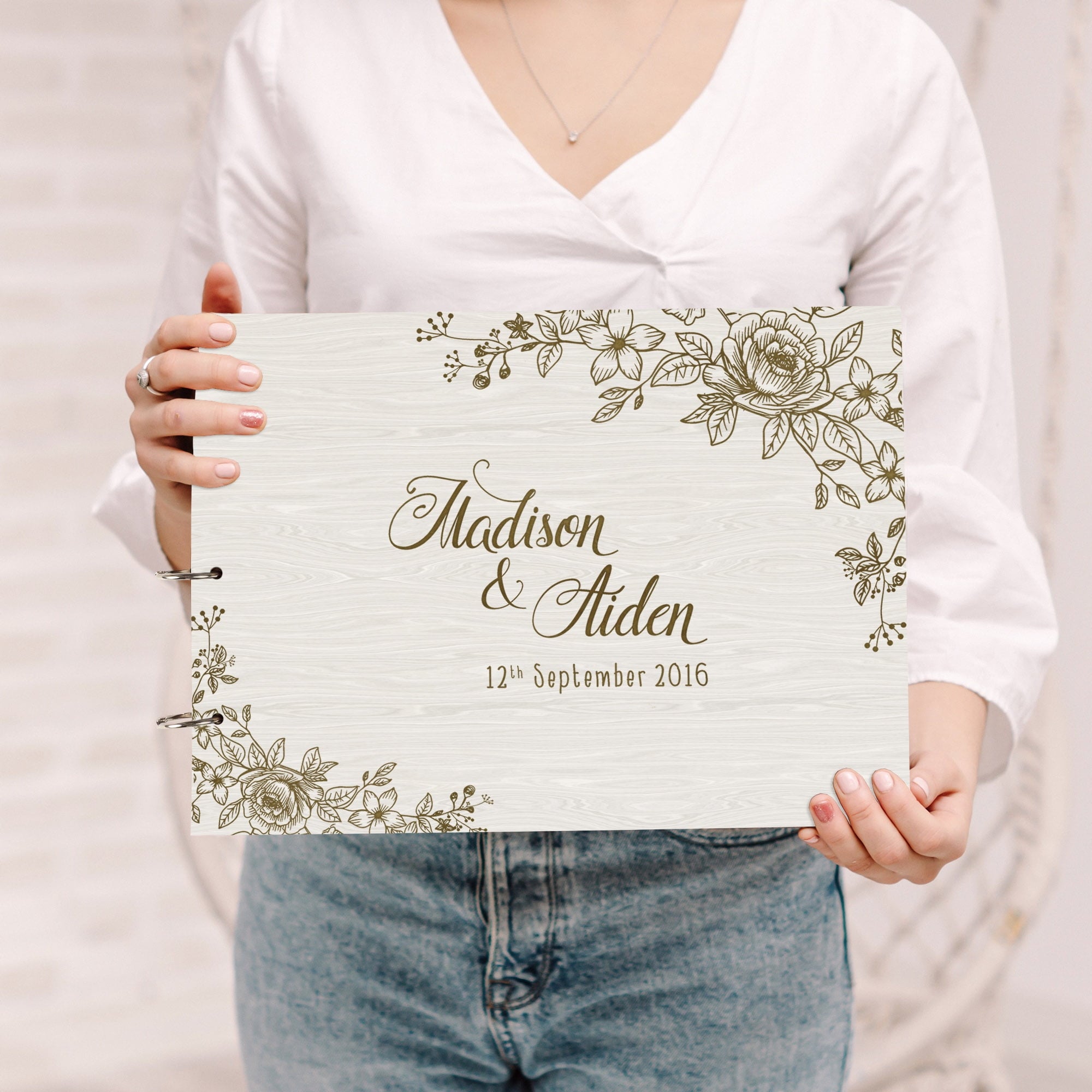 Darling Souvenir Personalized Engraved Laser Cut Wedding Guest Book Wooden Cover Sign-in Book Registry Guestbook Scrapbook-N8