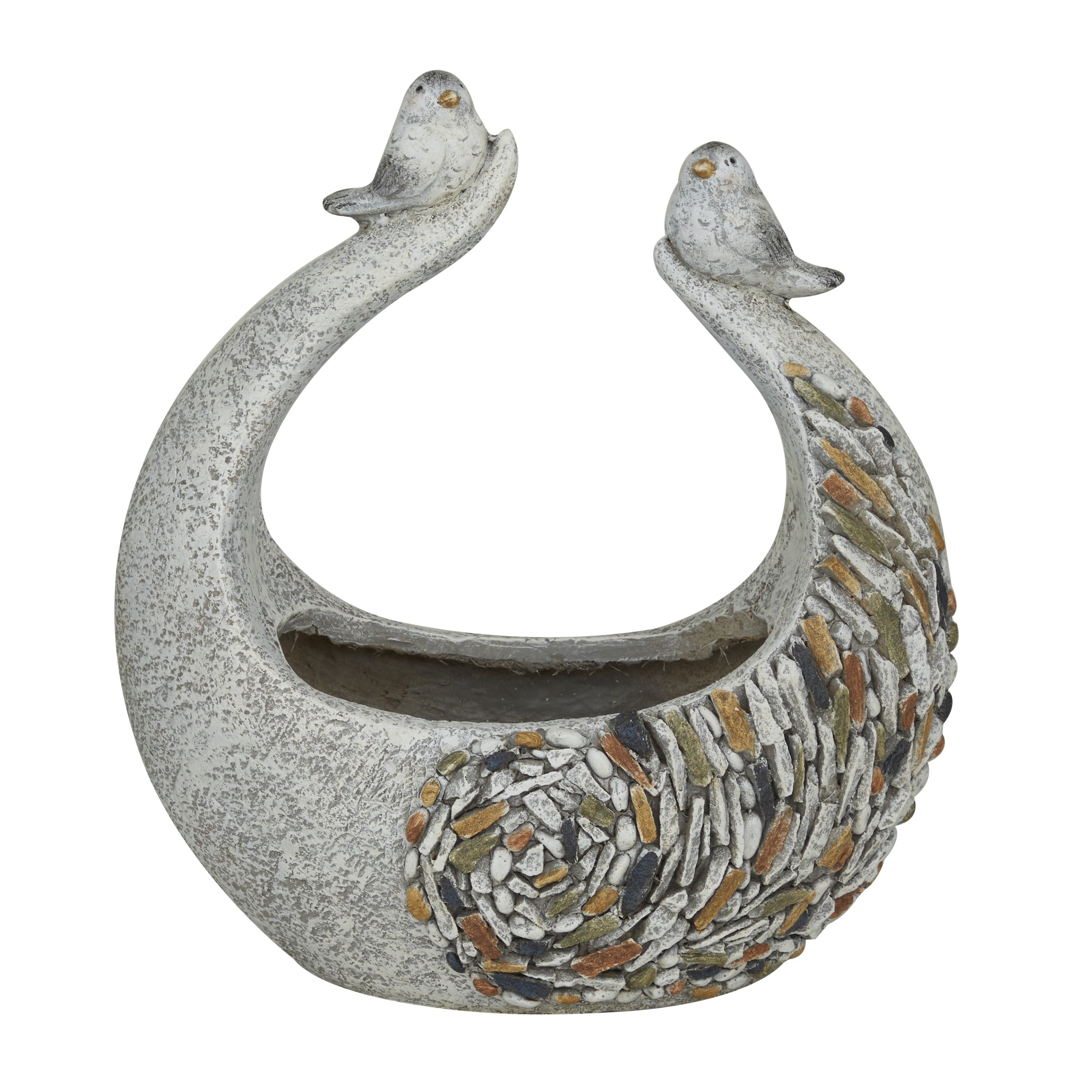 DecMode 14" x 15" Indoor Outdoor Gray Fiberglass Bird Planter with Stone Mosaic Design