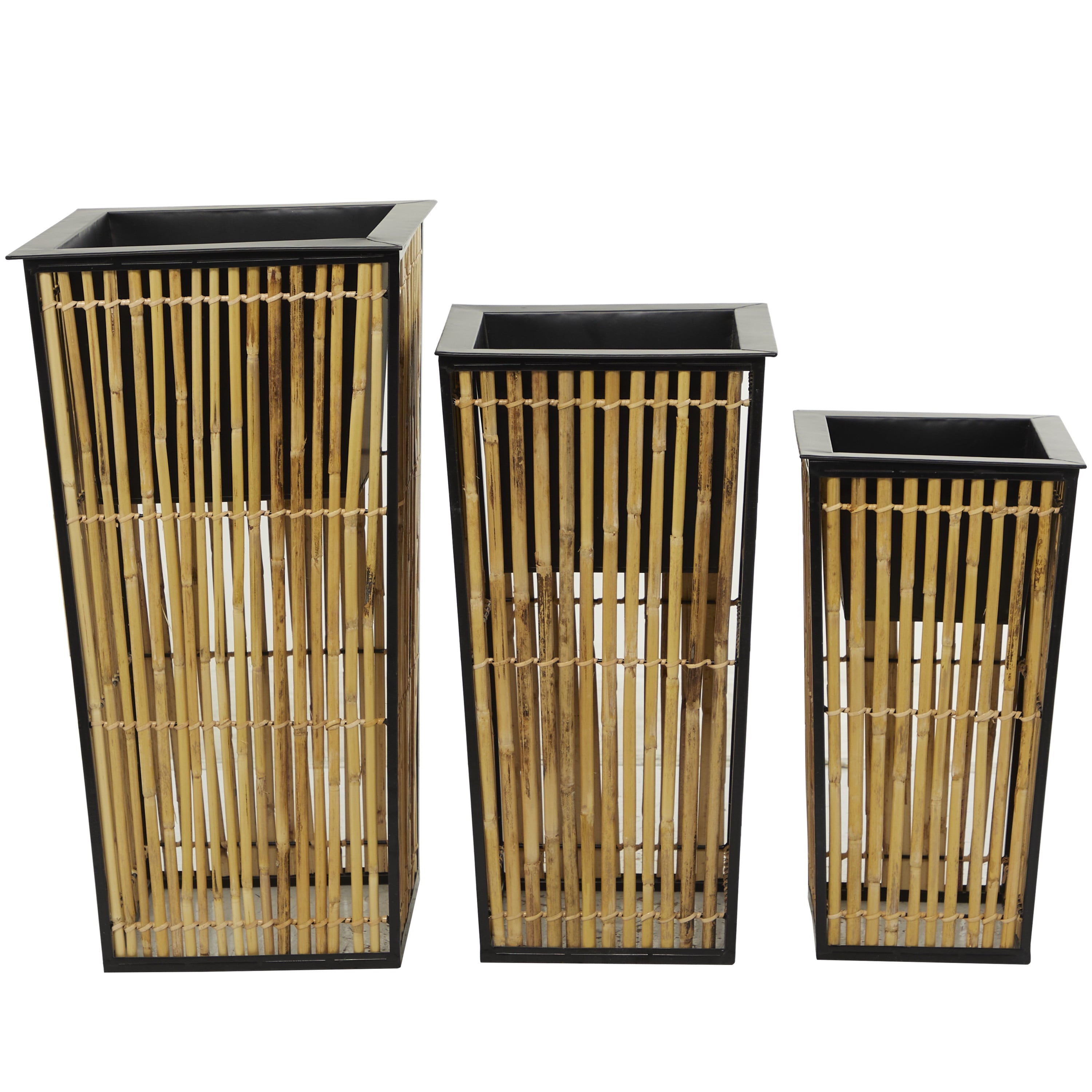 DecMode 20", 18", 15"H Light Brown Rattan Handmade Slatted Frame Storage Basket with Ring Handles, 3-Pieces
