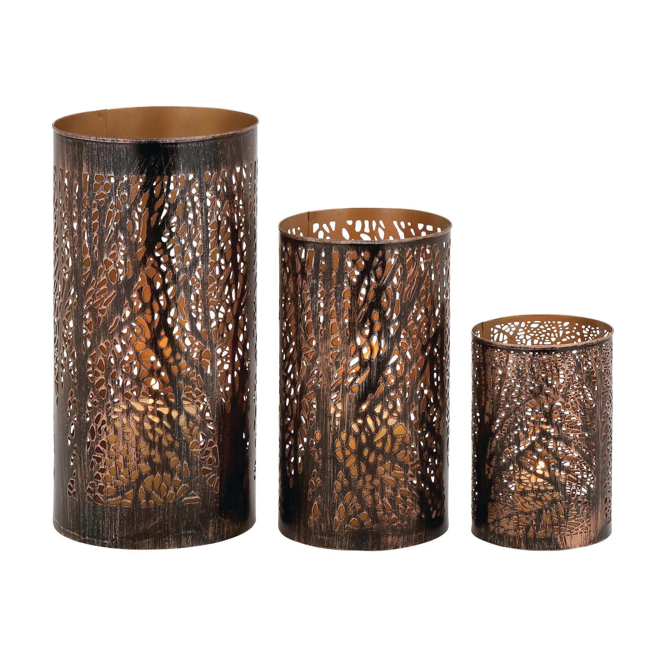 DecMode 3 Holder Bronze Metal Tree Branch Cutout Candle Lantern with Gold Interior, Set of 3