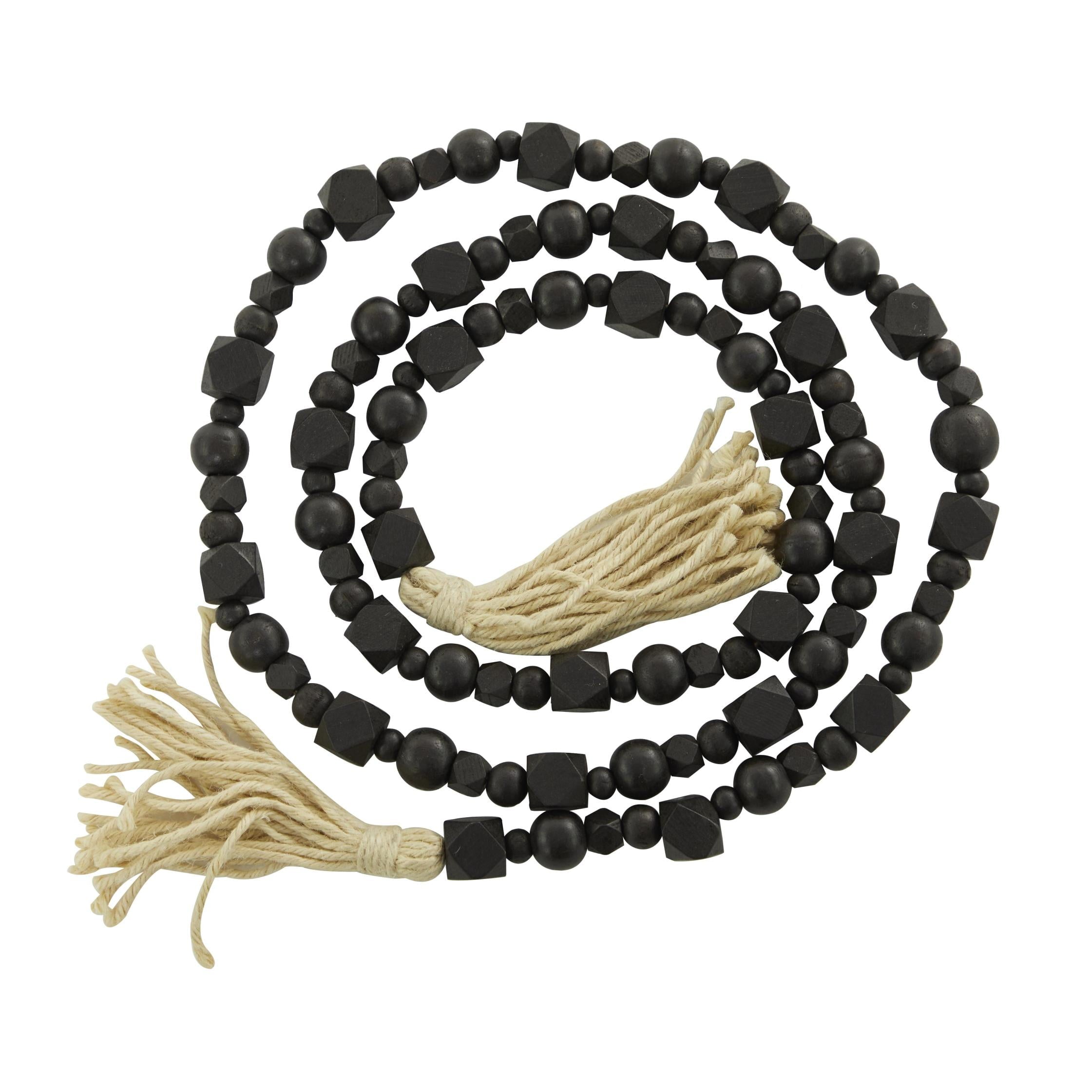 DecMode Green Wood Bohemian Garland Décor with Geometric Bead Details and Cream Cotton Tassel, 81"L