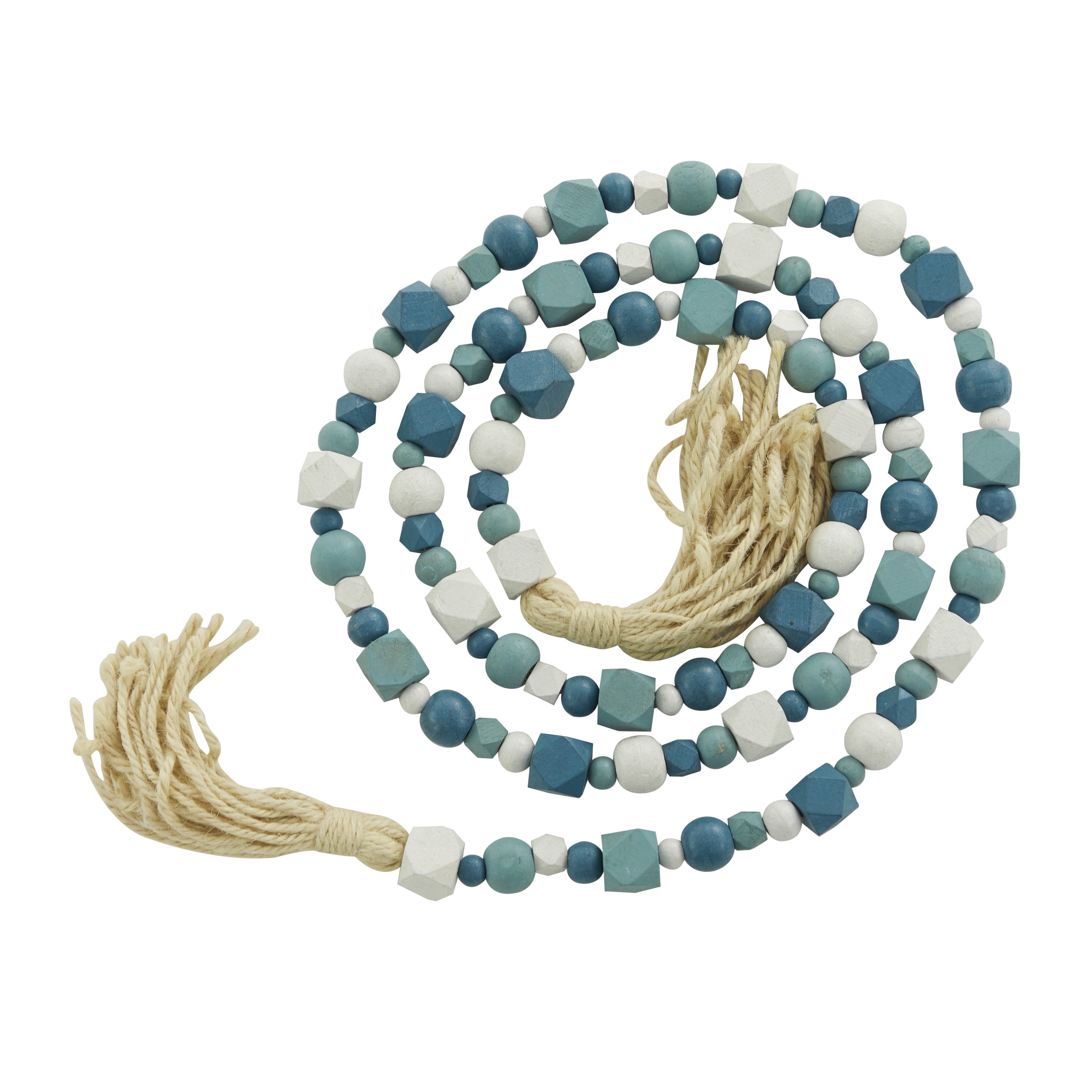DecMode Green Wood Bohemian Garland Décor with Geometric Bead Details and Cream Cotton Tassel, 81"L
