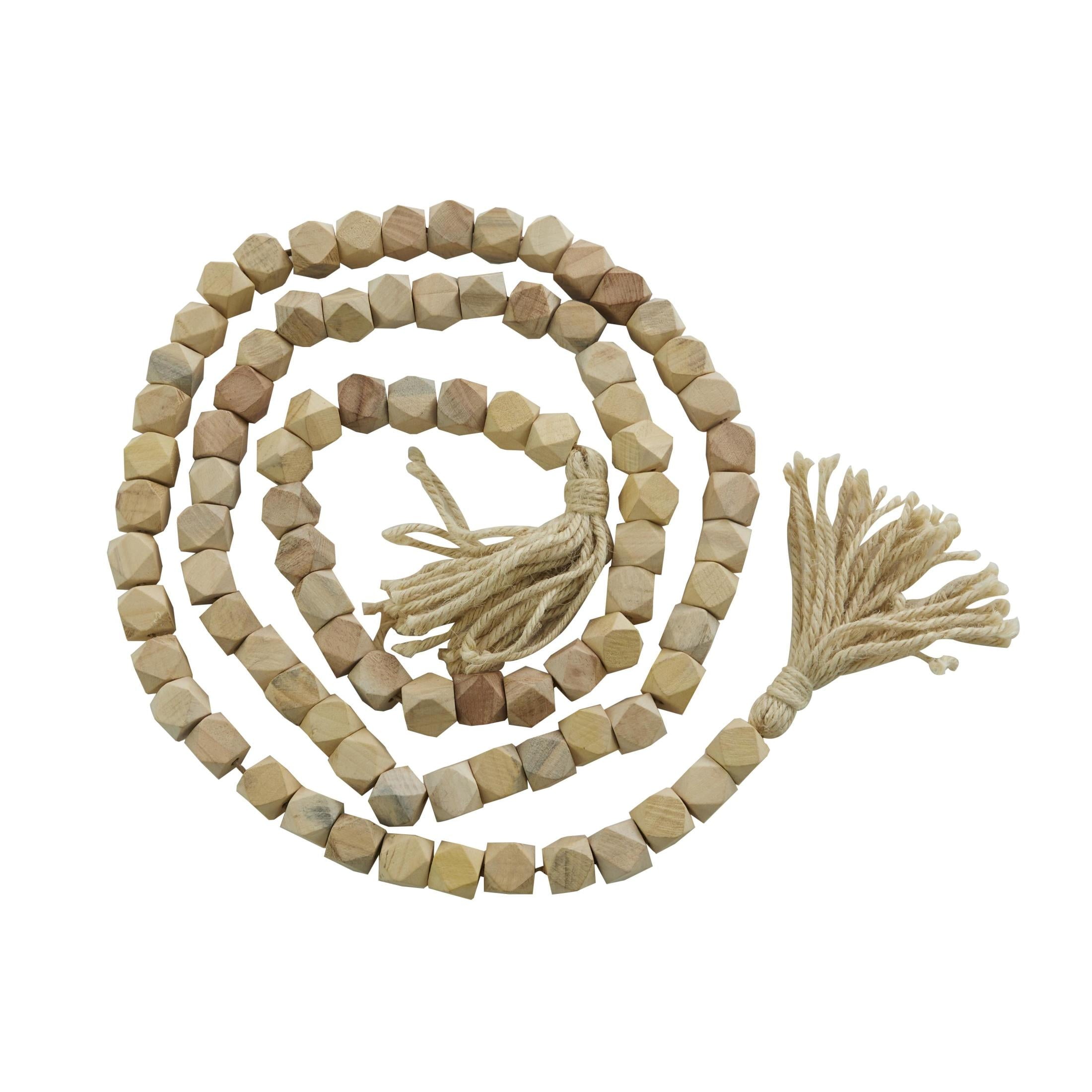 DecMode Green Wood Bohemian Garland Décor with Geometric Bead Details and Cream Cotton Tassel, 81"L