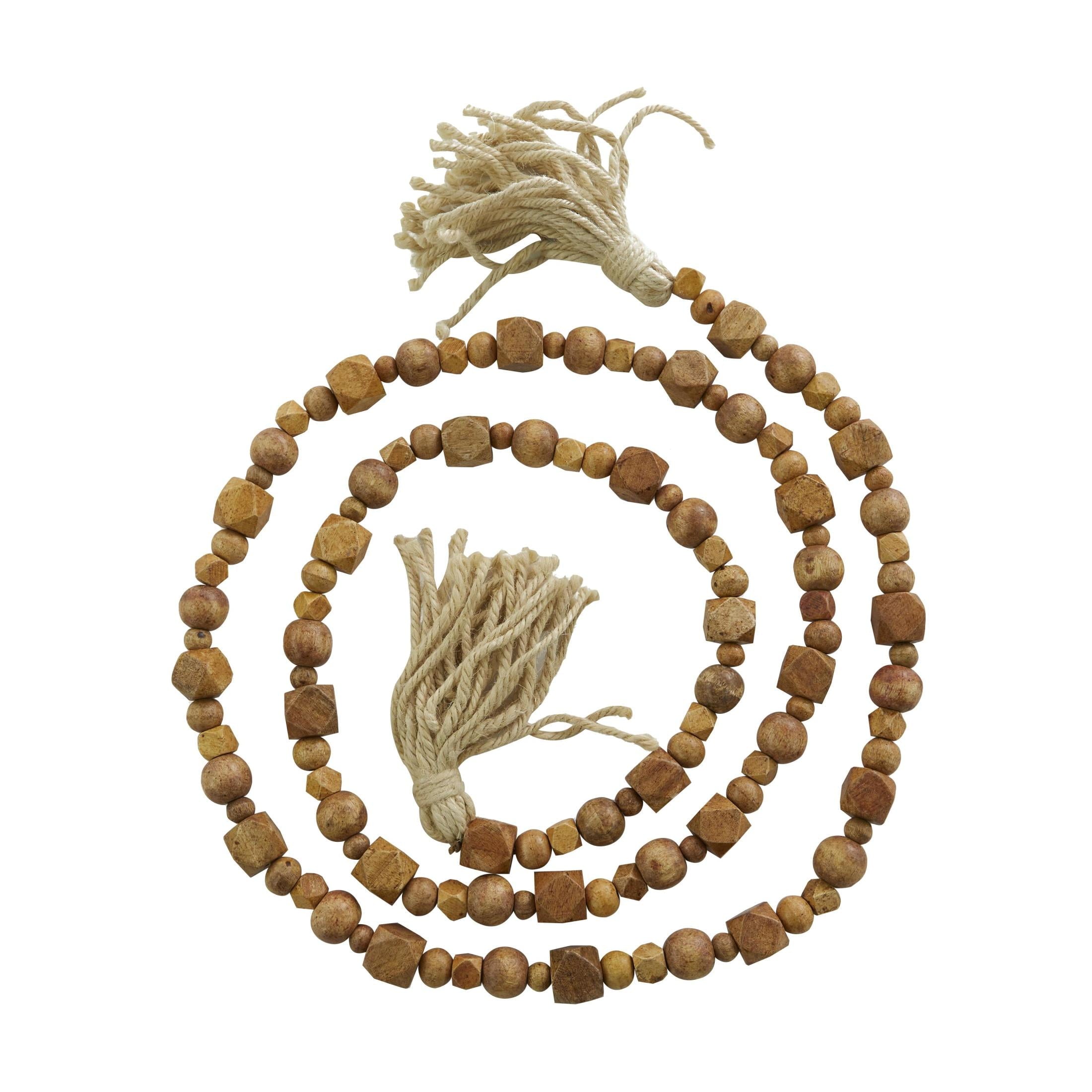 DecMode Green Wood Bohemian Garland Décor with Geometric Bead Details and Cream Cotton Tassel, 81"L