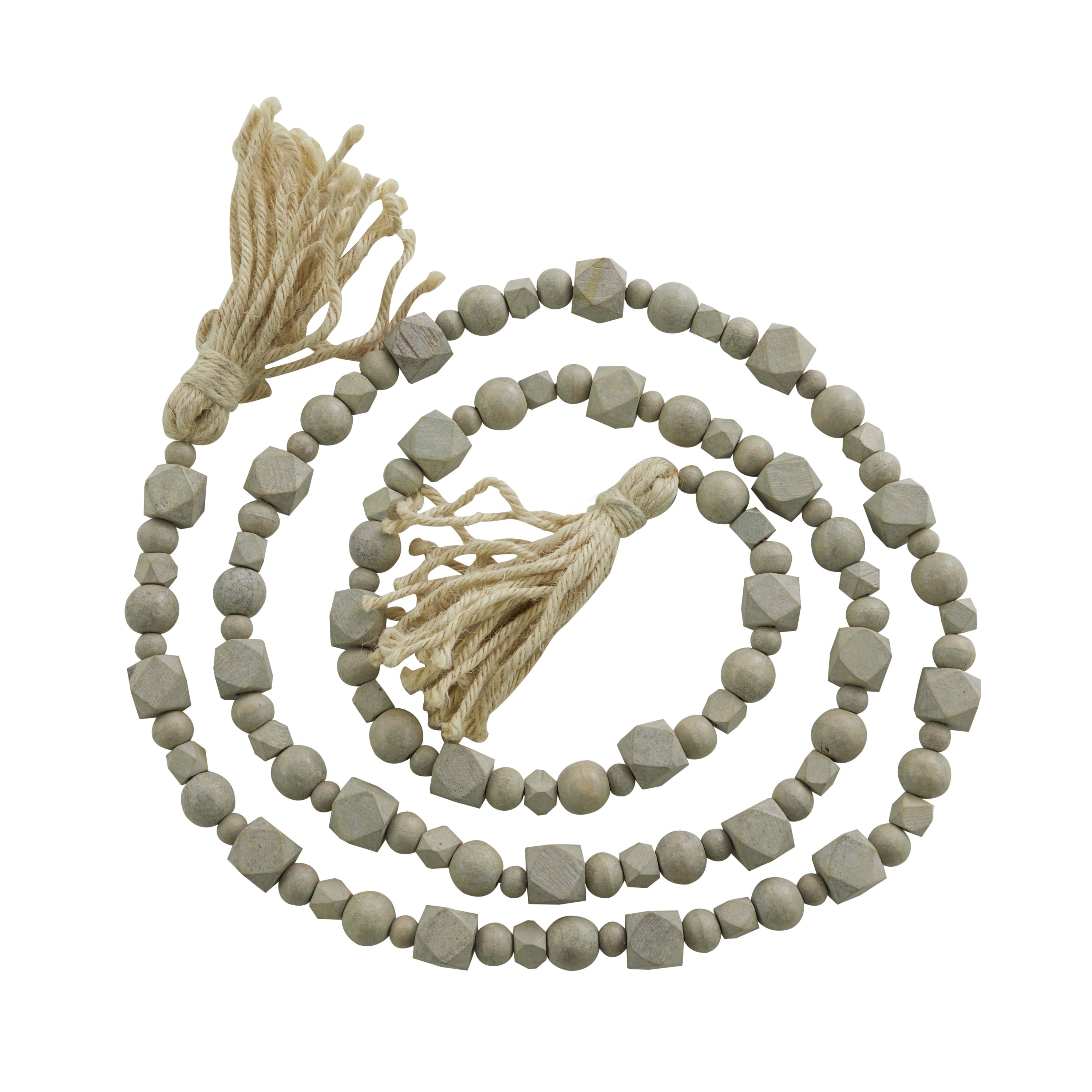 DecMode Green Wood Bohemian Garland Décor with Geometric Bead Details and Cream Cotton Tassel, 81"L