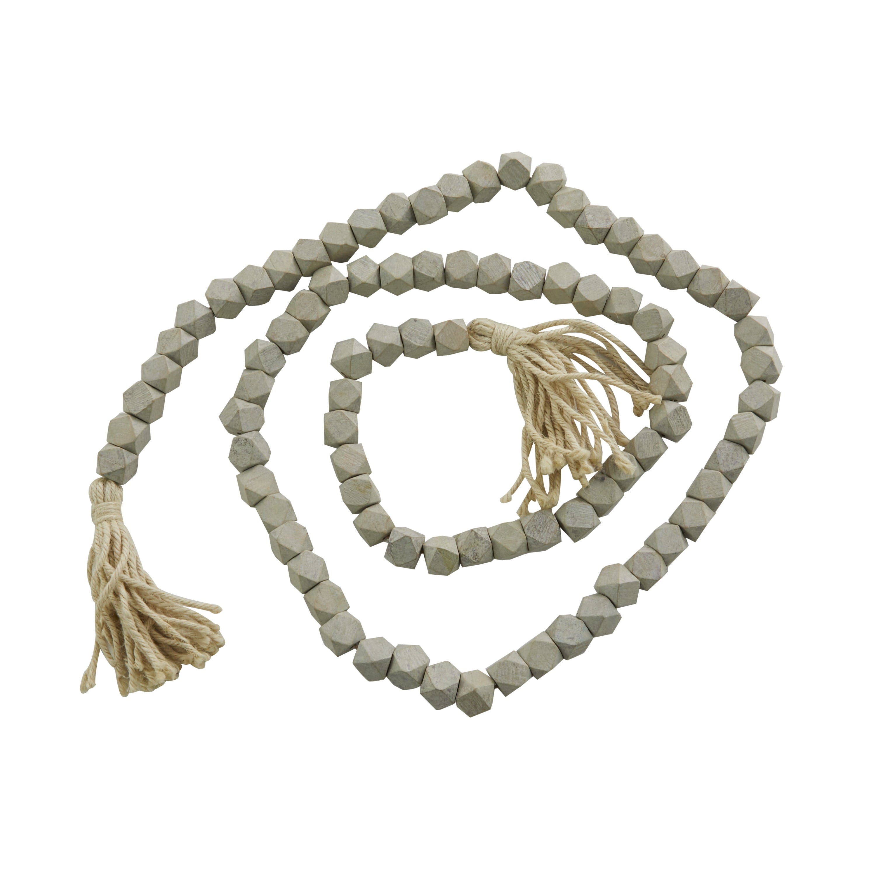 DecMode Green Wood Bohemian Garland Décor with Geometric Bead Details and Cream Cotton Tassel, 81"L