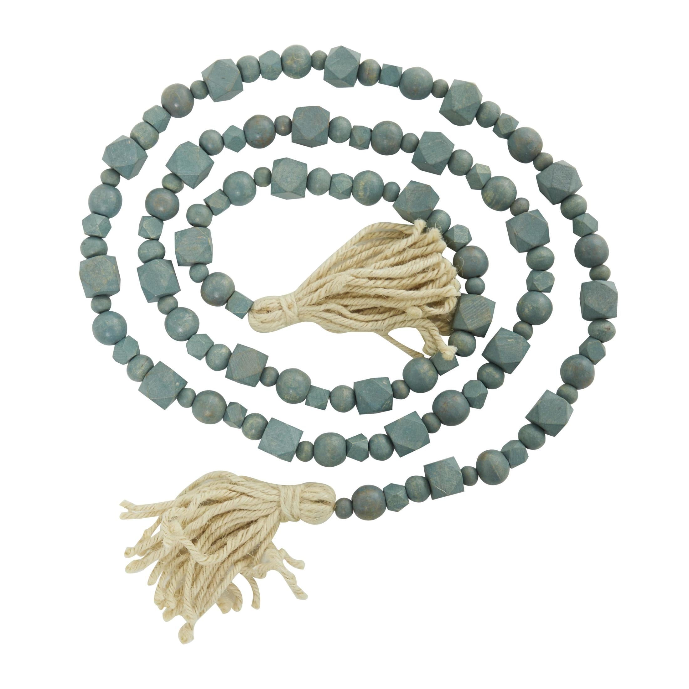 DecMode Green Wood Bohemian Garland Décor with Geometric Bead Details and Cream Cotton Tassel, 81"L