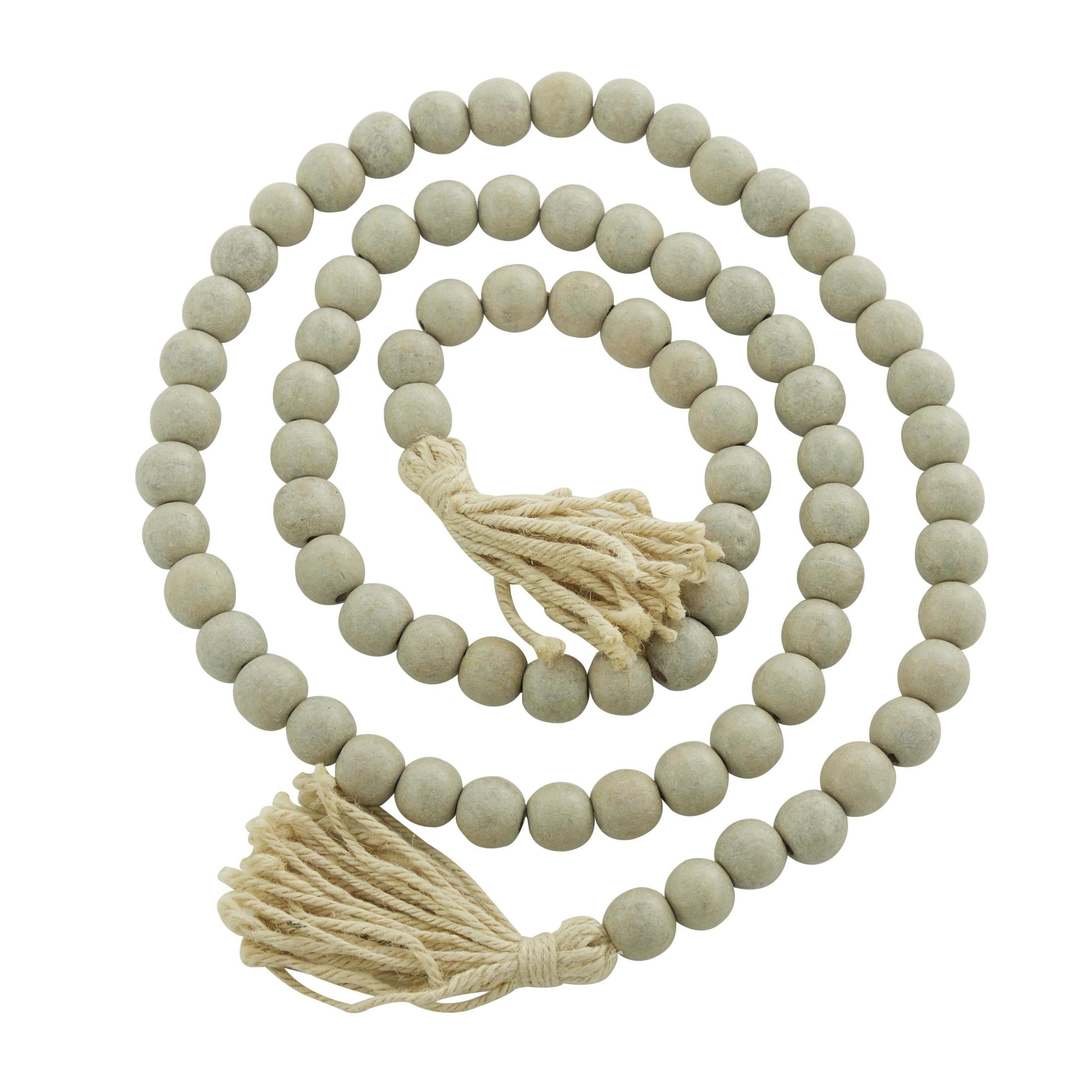 DecMode Green Wood Bohemian Garland Décor with Geometric Bead Details and Cream Cotton Tassel, 81"L