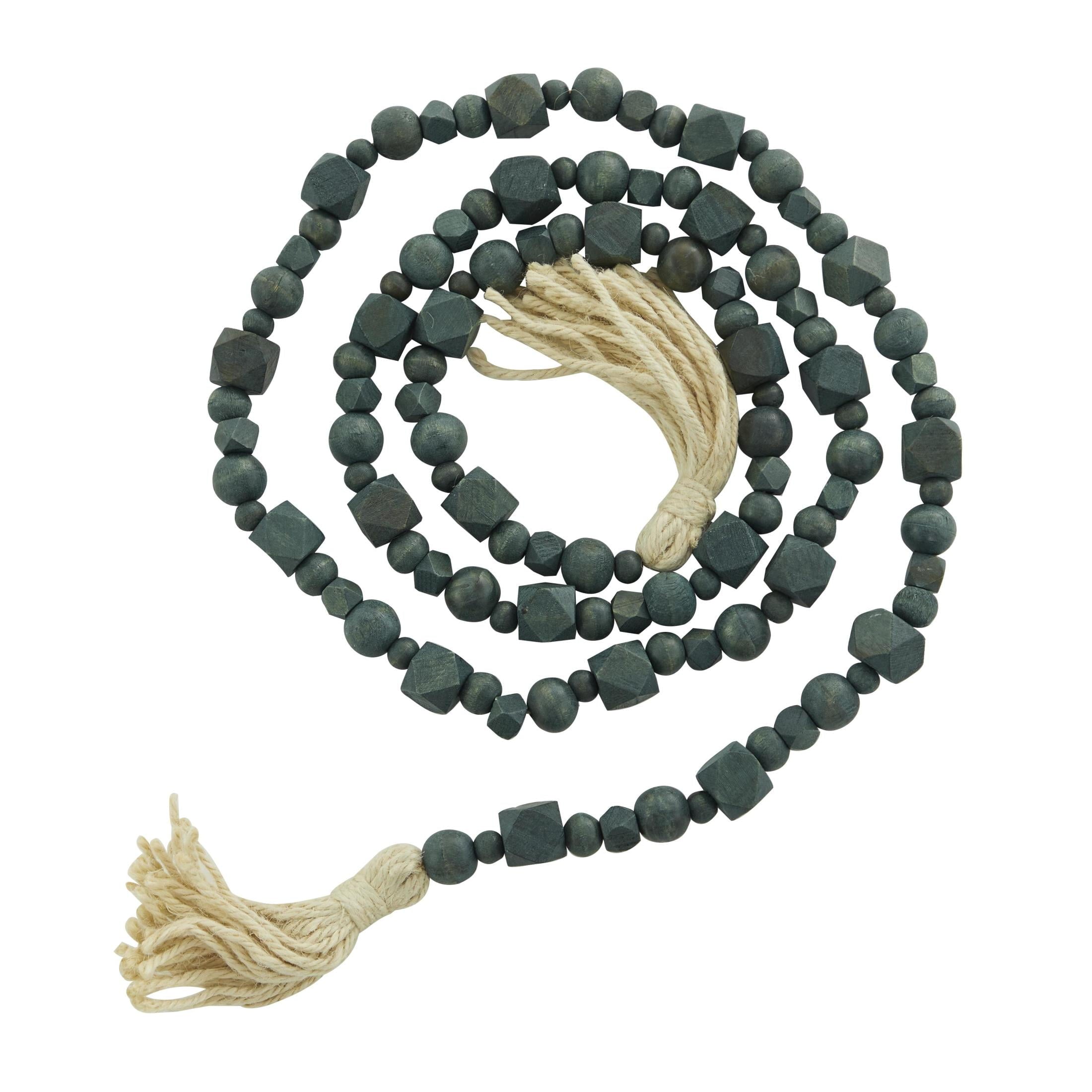 DecMode Green Wood Bohemian Garland Décor with Geometric Bead Details and Cream Cotton Tassel, 81"L