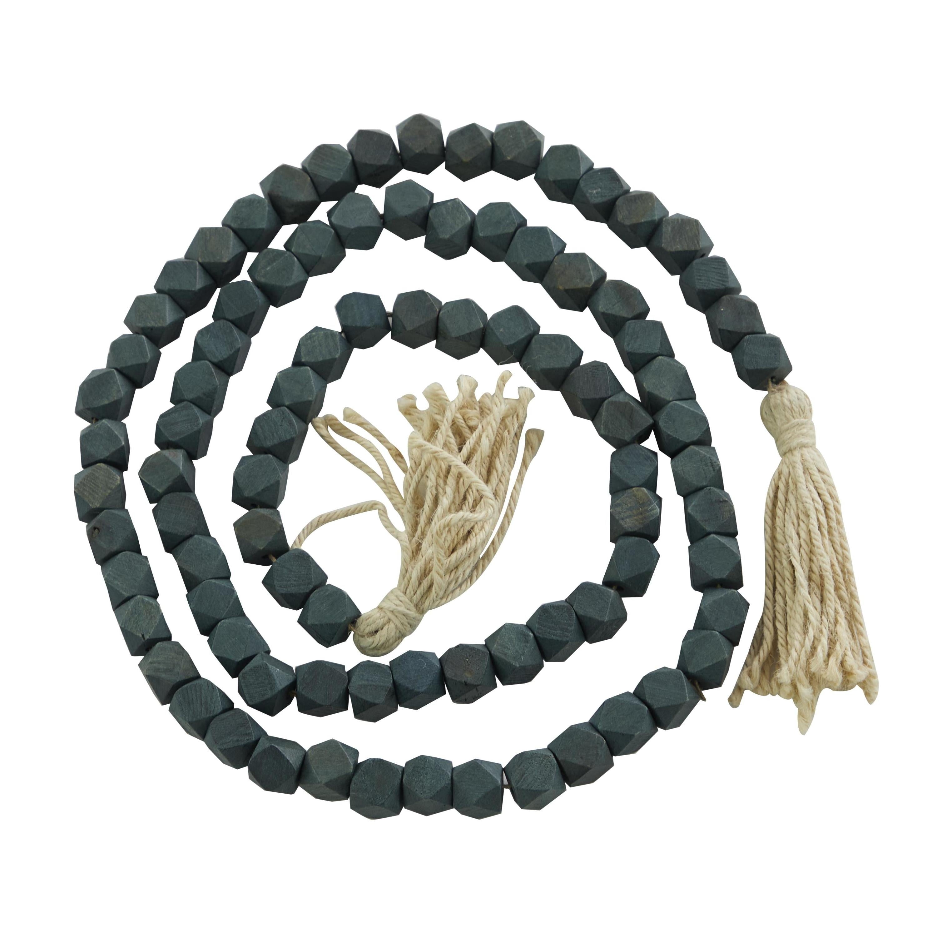 DecMode Green Wood Bohemian Garland Décor with Geometric Bead Details and Cream Cotton Tassel, 81"L