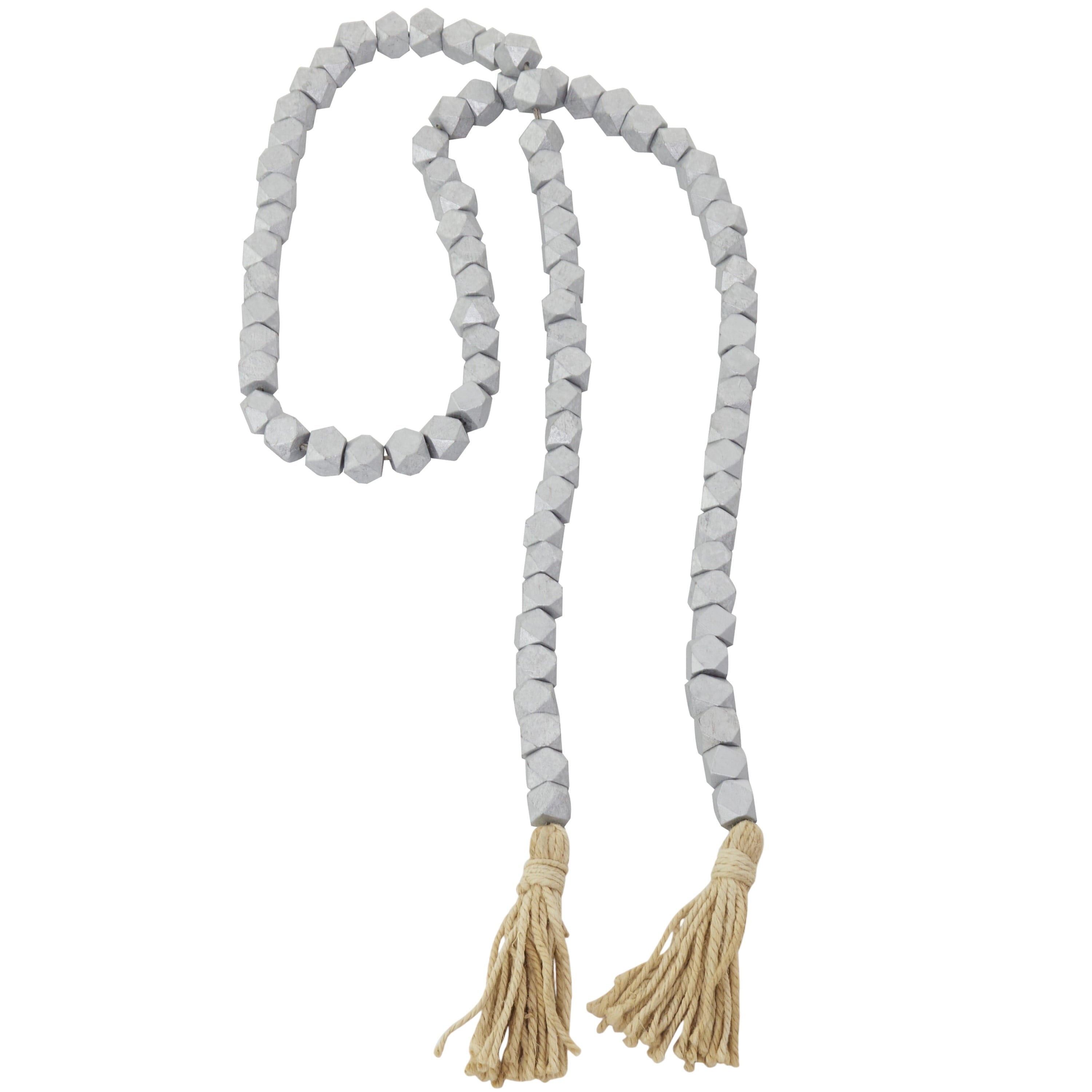 DecMode Green Wood Bohemian Garland Décor with Geometric Bead Details and Cream Cotton Tassel, 81"L