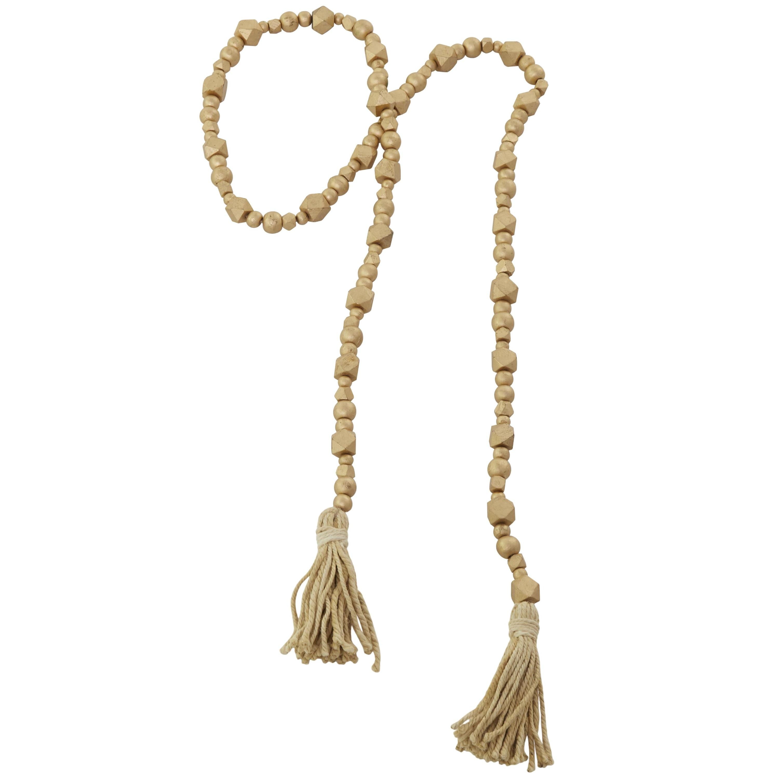 DecMode Green Wood Bohemian Garland Décor with Geometric Bead Details and Cream Cotton Tassel, 81"L