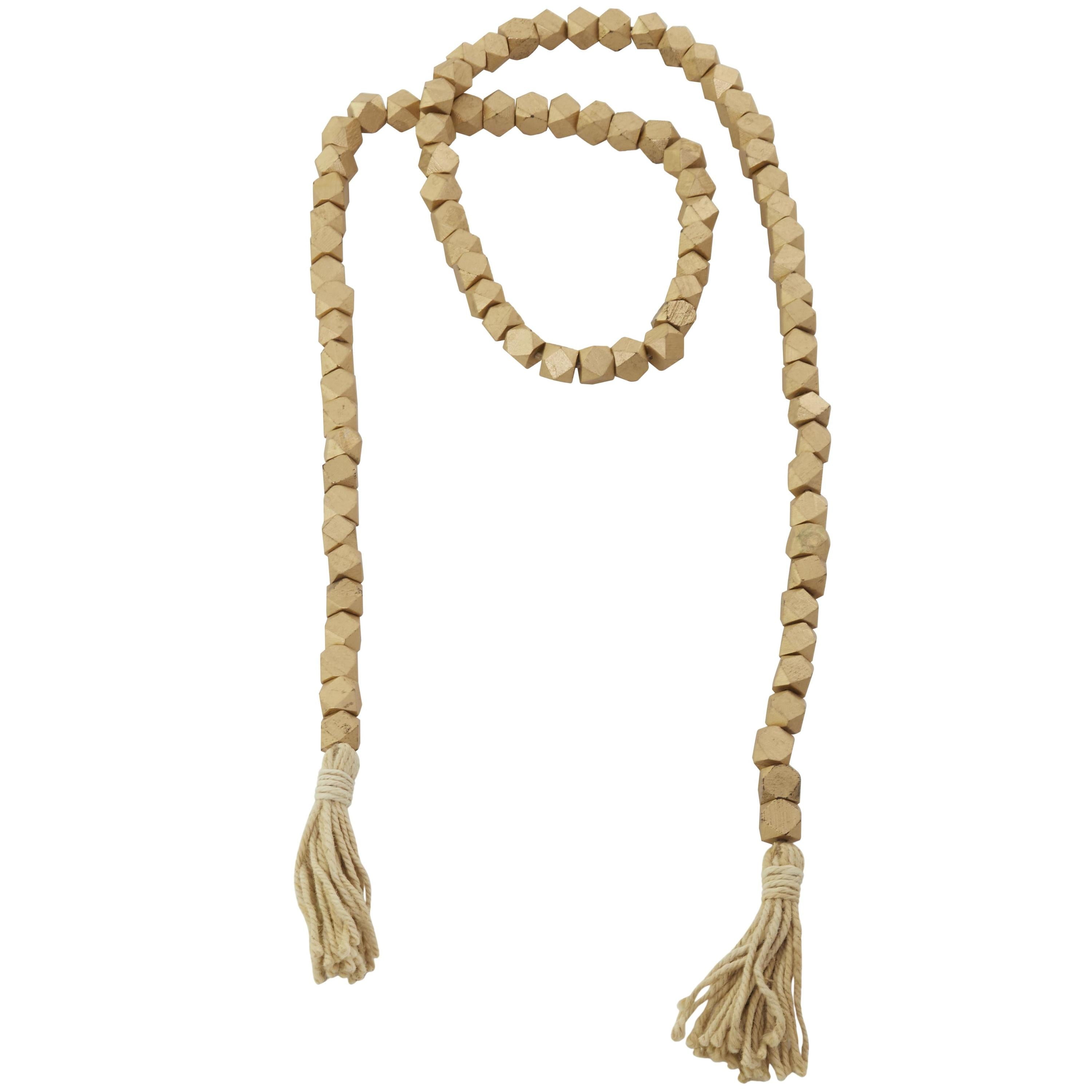 DecMode Green Wood Bohemian Garland Décor with Geometric Bead Details and Cream Cotton Tassel, 81"L