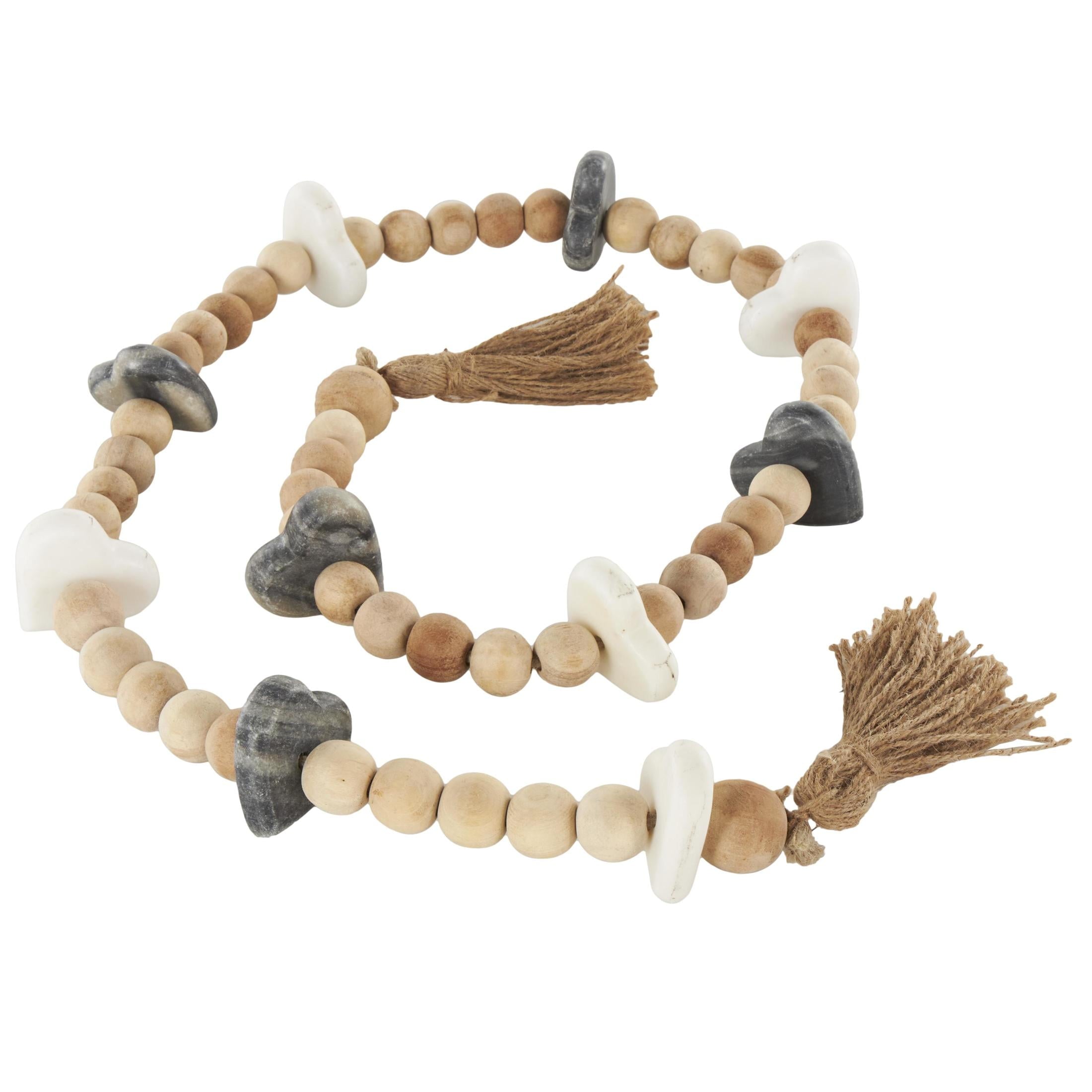 DecMode Handmade Light Brown Marble Heart Garland with Tassel with Black and White Accents