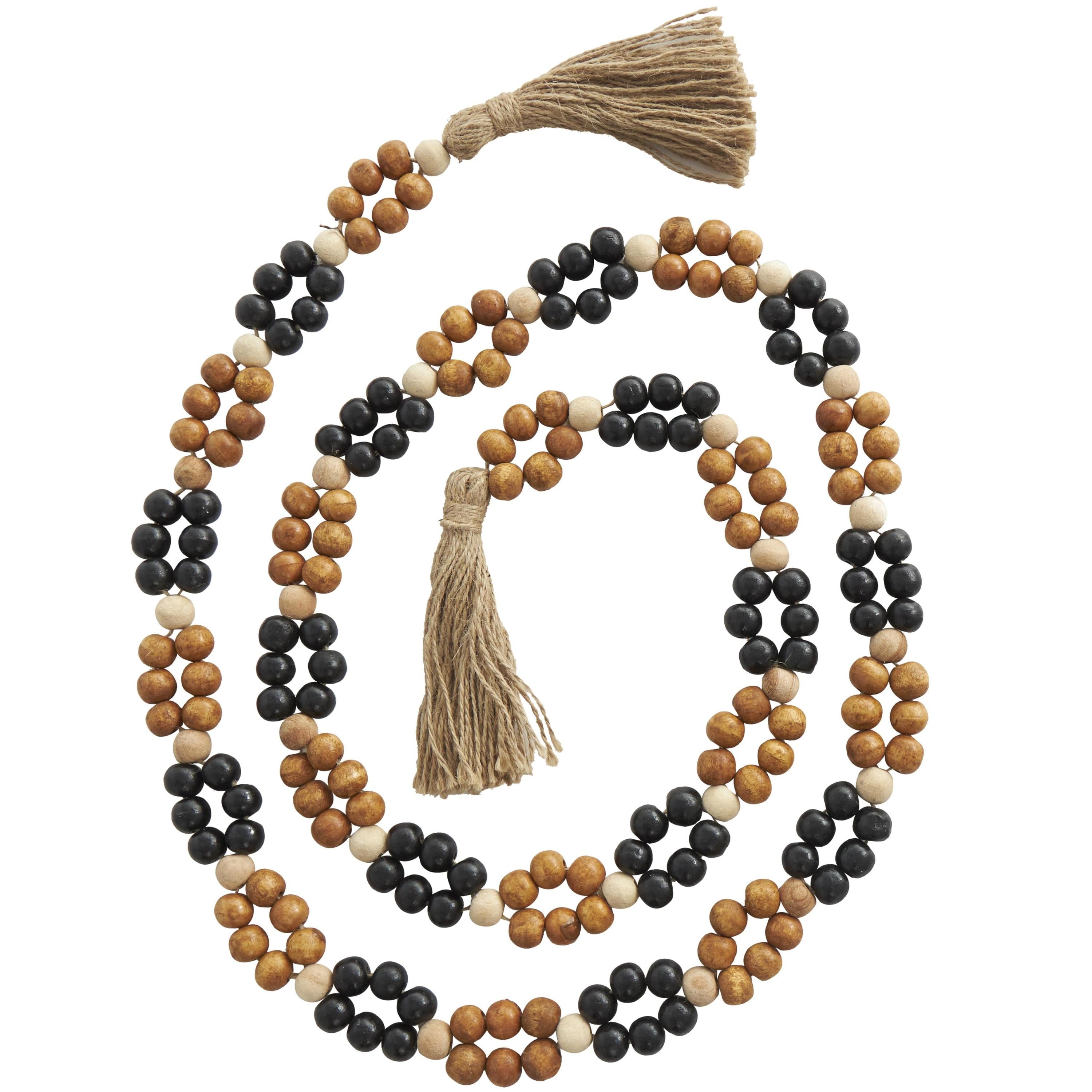 DecMode Green Wood Bohemian Garland Décor with Geometric Bead Details and Cream Cotton Tassel, 81"L