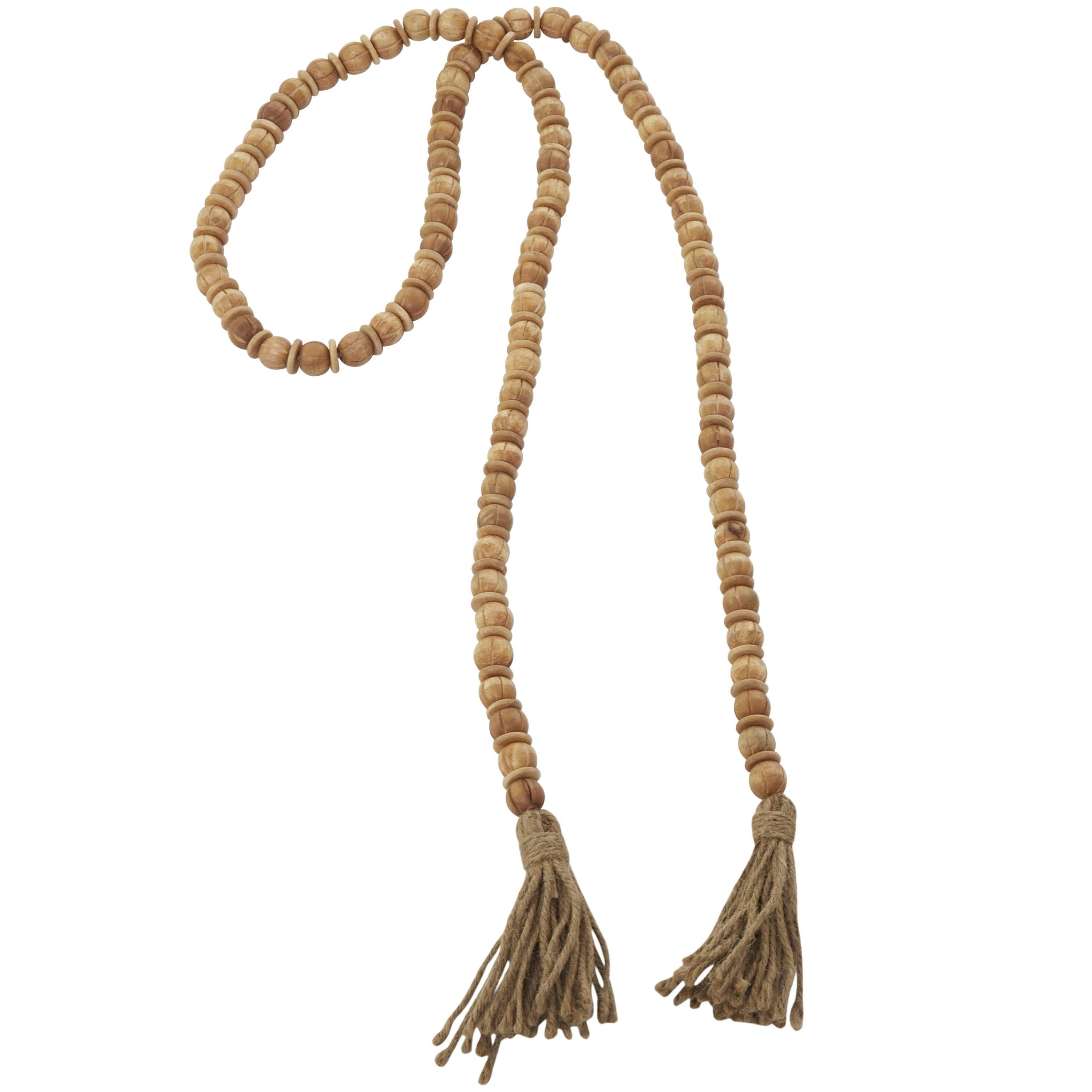 DecMode Green Wood Bohemian Garland Décor with Geometric Bead Details and Cream Cotton Tassel, 81"L