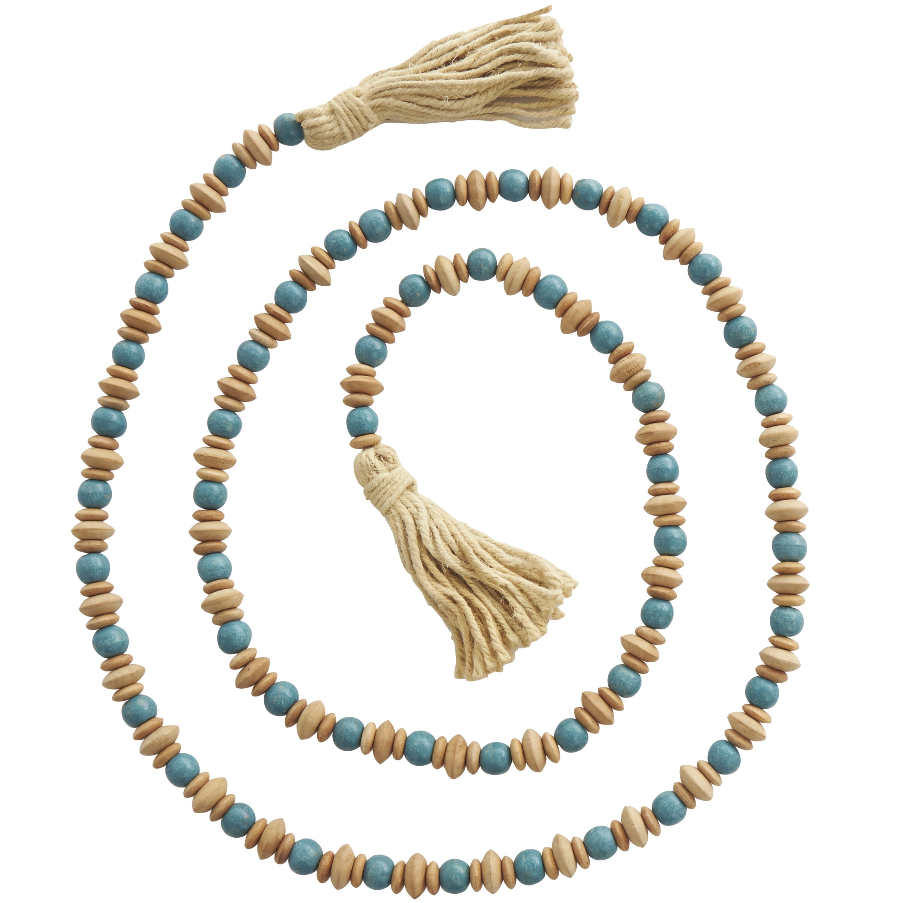 DecMode Green Wood Bohemian Garland Décor with Geometric Bead Details and Cream Cotton Tassel, 81"L