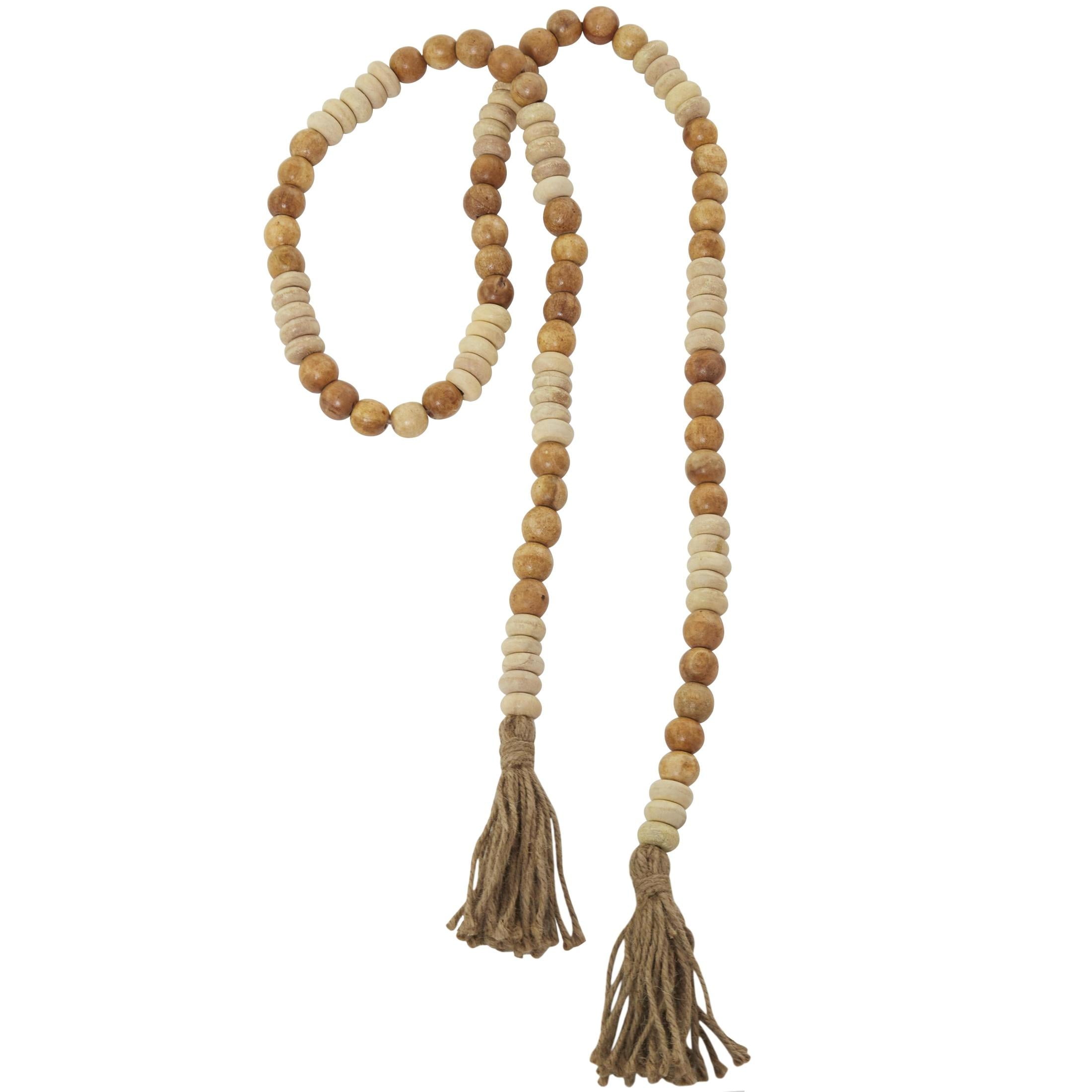 DecMode Green Wood Bohemian Garland Décor with Geometric Bead Details and Cream Cotton Tassel, 81"L