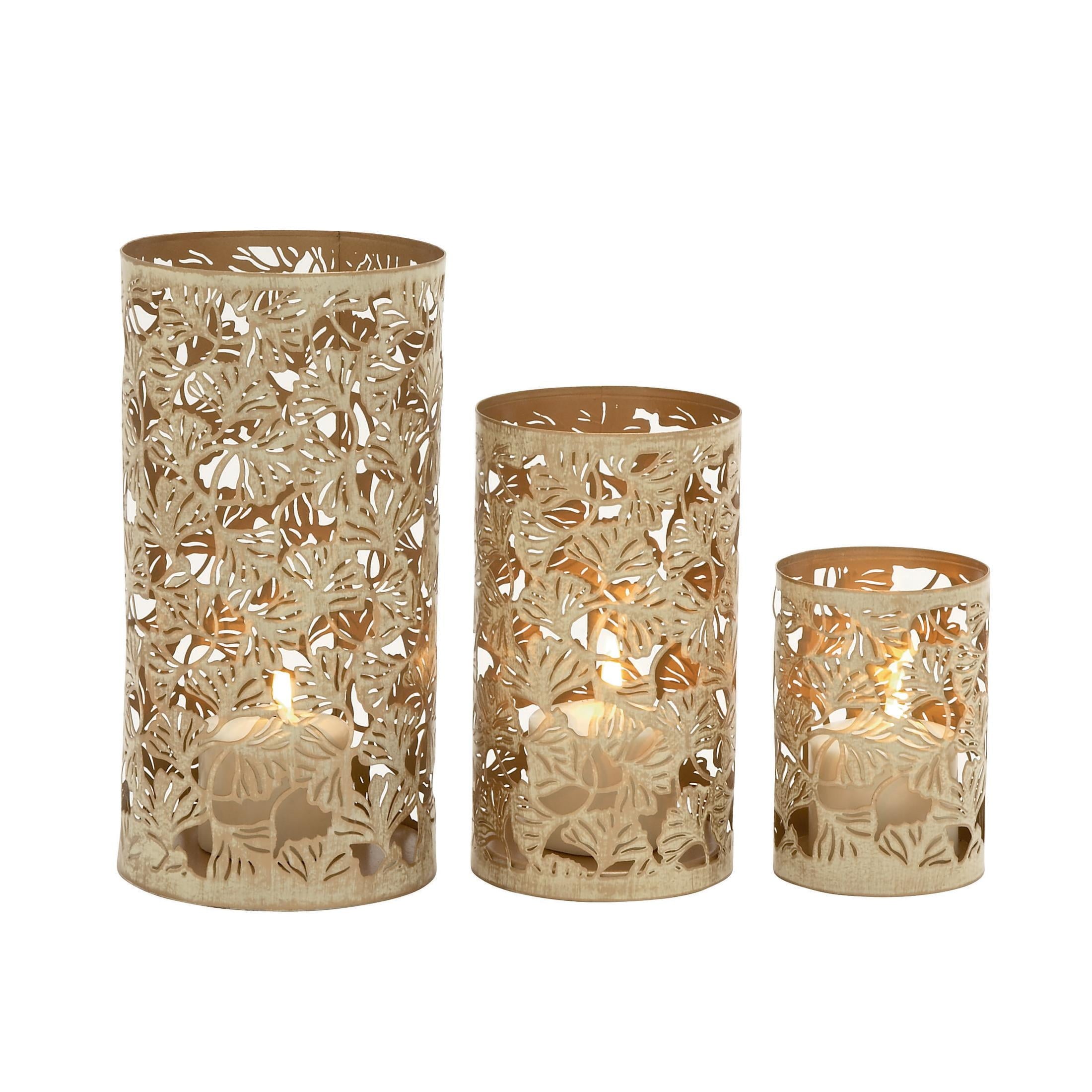 DecMode 3 Holder Bronze Metal Tree Branch Cutout Candle Lantern with Gold Interior, Set of 3