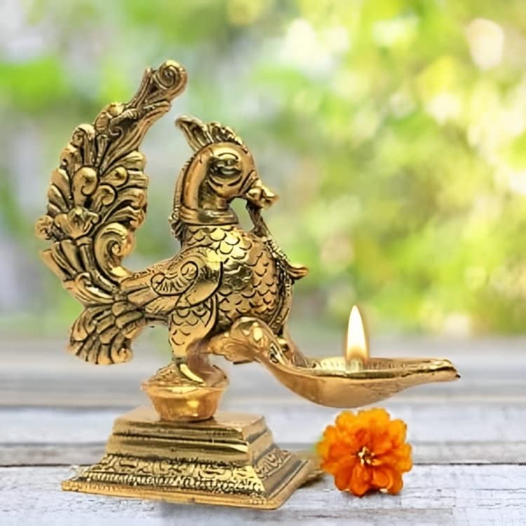 Decorative Diya Deepak Pooja Peacock Design Puja Item Religious Brass Oil Lamp for Holi Pooja Aarti Diya Lighting Pooja Kit Lanterns Lamps Indian Traditional Festival (Size:-Height:-4") (Peacock-2)