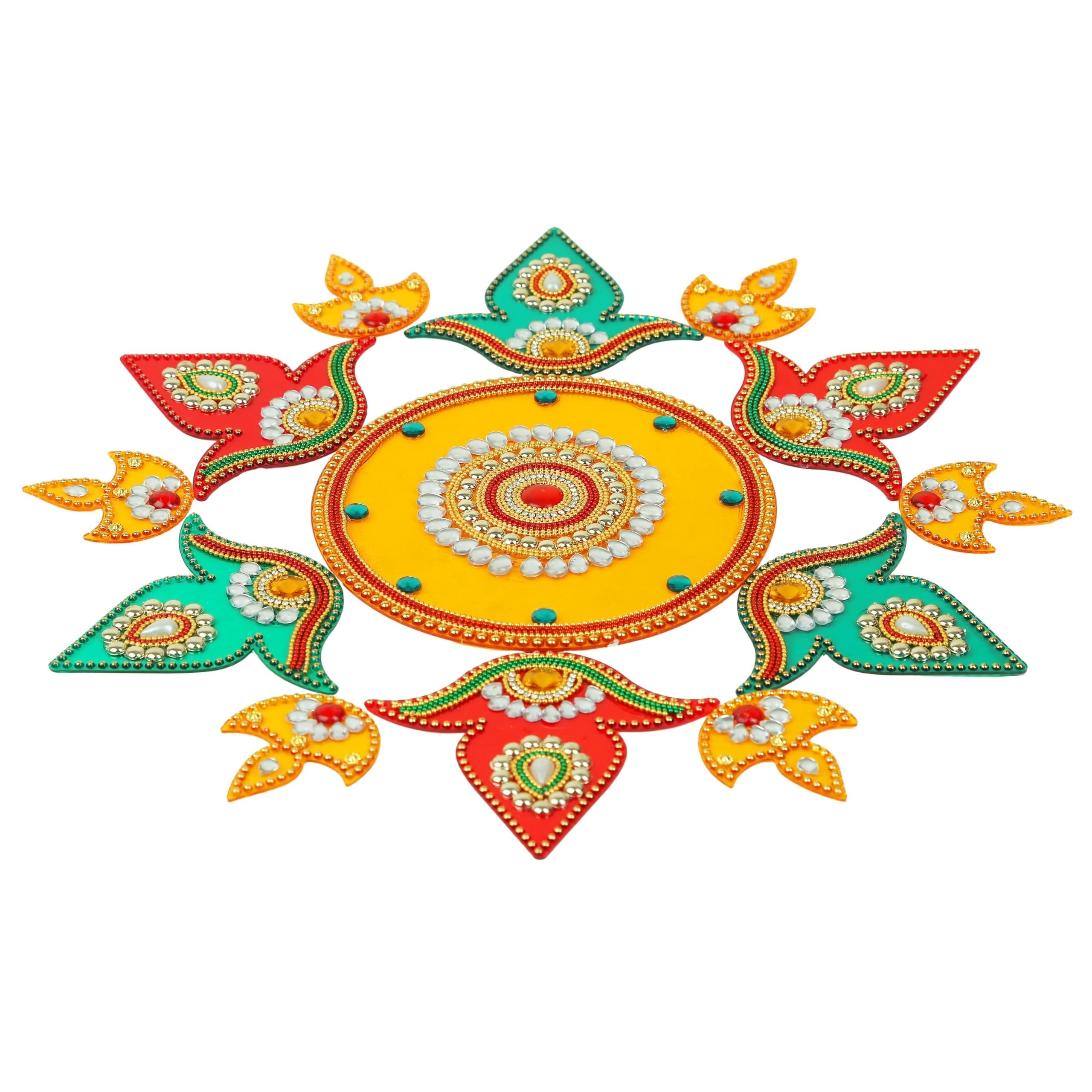 Designer Floor Rangoli Reusable Round Rangoli Acrylic Rangoli Indian Traditional Home Floor Decor Gift for Home Interior Floor Festival Decorations and Gifting(Size:14")(Red,Yellow & Green)