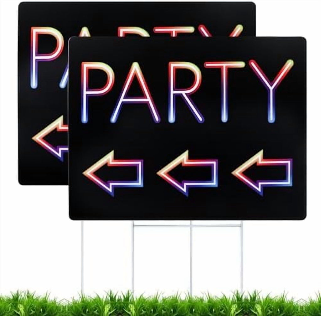 Double-Sided Party Signs 17 x 13'' With Metal H Stakes - Waterproof Corrugated Plastic Birthday Direction Signs - This Way Arrow  (2 Packs)