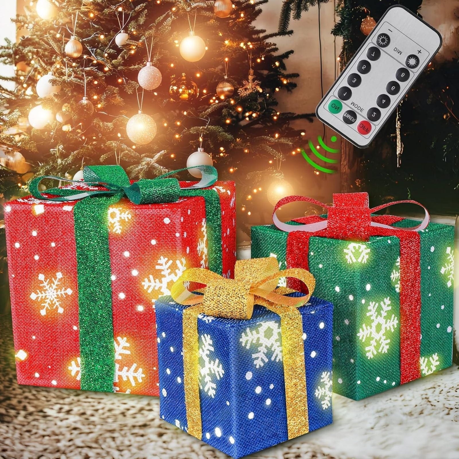 EGNMCR Set of 3 Lighted Gift Boxes Christmas Decorations, LED Pre-Lit Light up Present Boxes, Xmas Tree Decorations Gift Box for Indoor Outdoor Yard Holiday Birthday Party Decorations, Multicolor