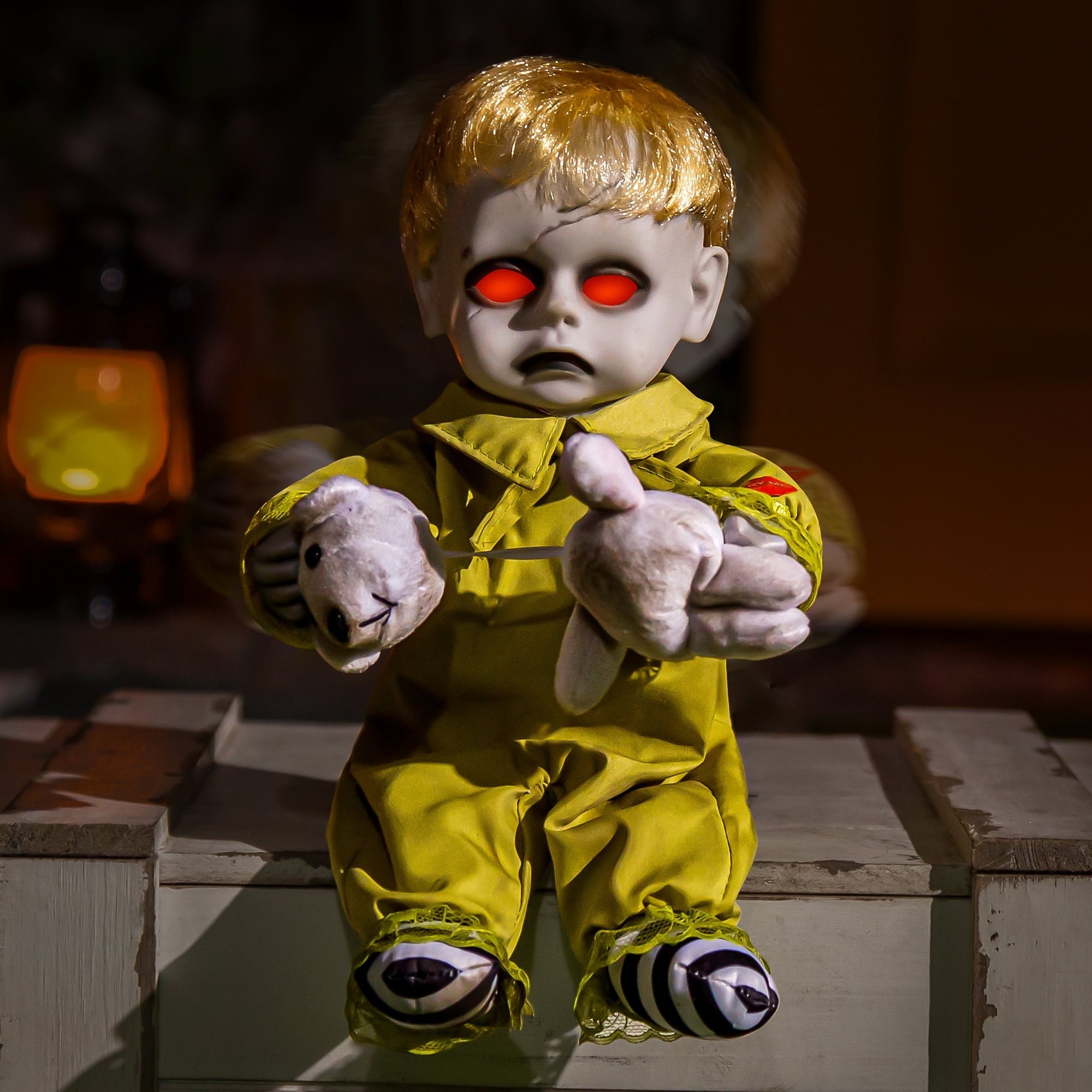 ELAMAS 10 Inch Animatronic Creepy Boy Doll Halloween Animated Decorations with Sound Activated Spooky Sound, Light Up Eyes, Scary Move, Haunted House Holiday Decor Horror Prop for Indoor, Outdoor