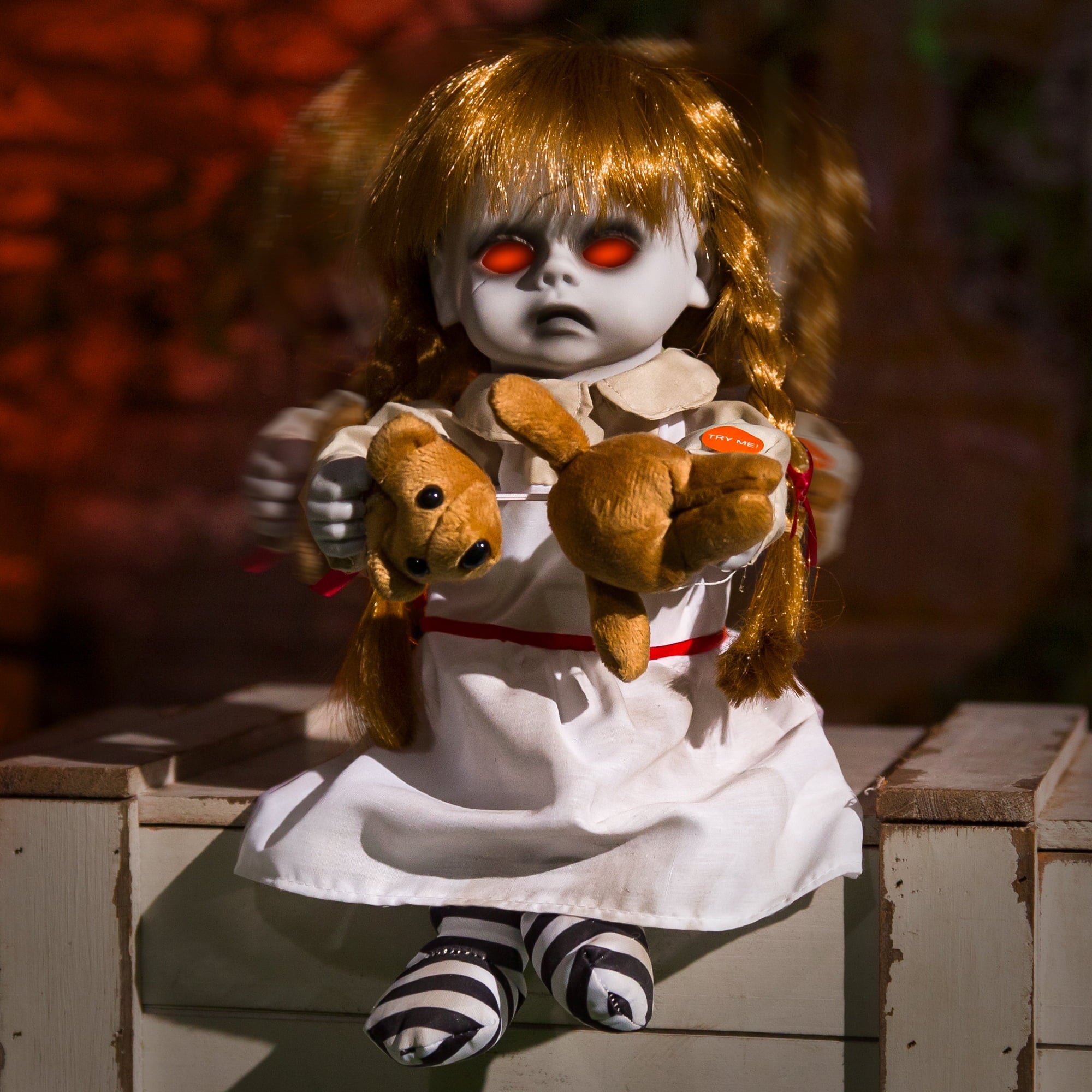 ELAMAS 10 Inch Animatronic Creepy Girl Doll Halloween Animated Decorations with Sound Activated Spooky Sound, Light Up Eyes, Scary Move, Haunted House Holiday Decor Horror Prop for Indoor, Outdoor