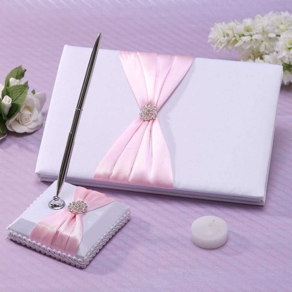Elegant Guest Book With Pen, Set of 2, Pink