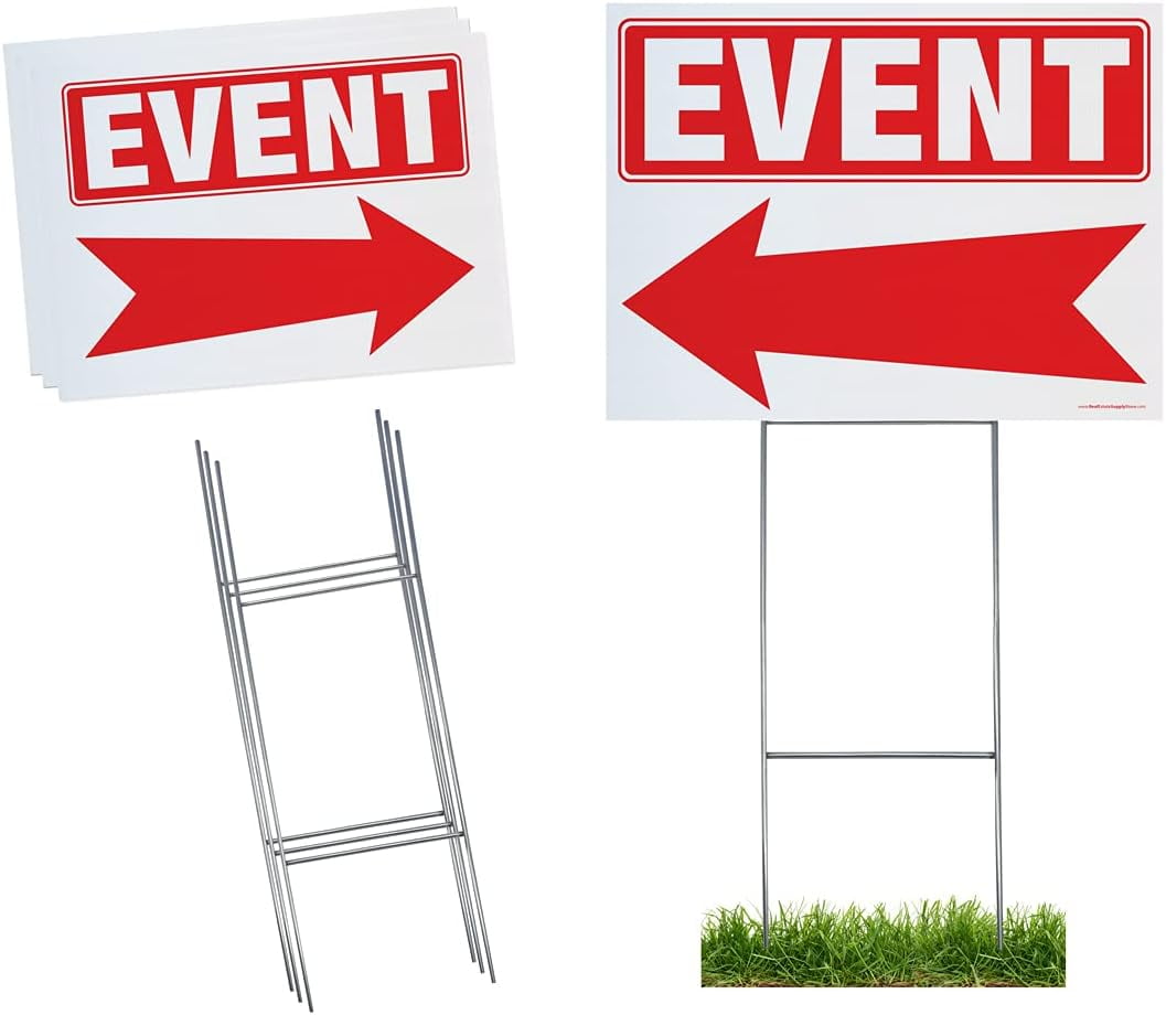 Event Yard Sign Complete Kit Includes Sturdy Sign Stake - Durable Outdoor Double Sided 18x24 Sign with Extra Tall 10x30 Stake (5 Pack, Event)
