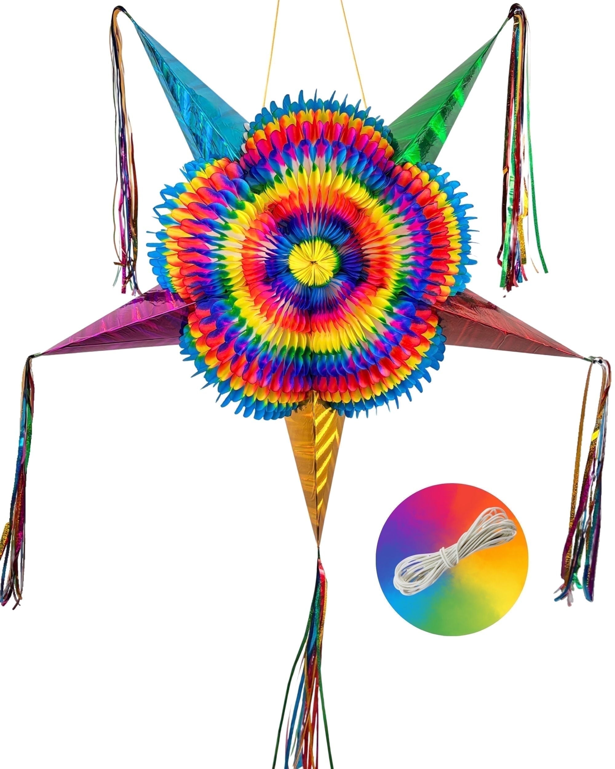 Extra Large 32" Pinata, Mexican Star with Gold Cones and 30-ft Rope - Handmade, Foldable Piñata for Birthday Parties and Mexican Fiestas