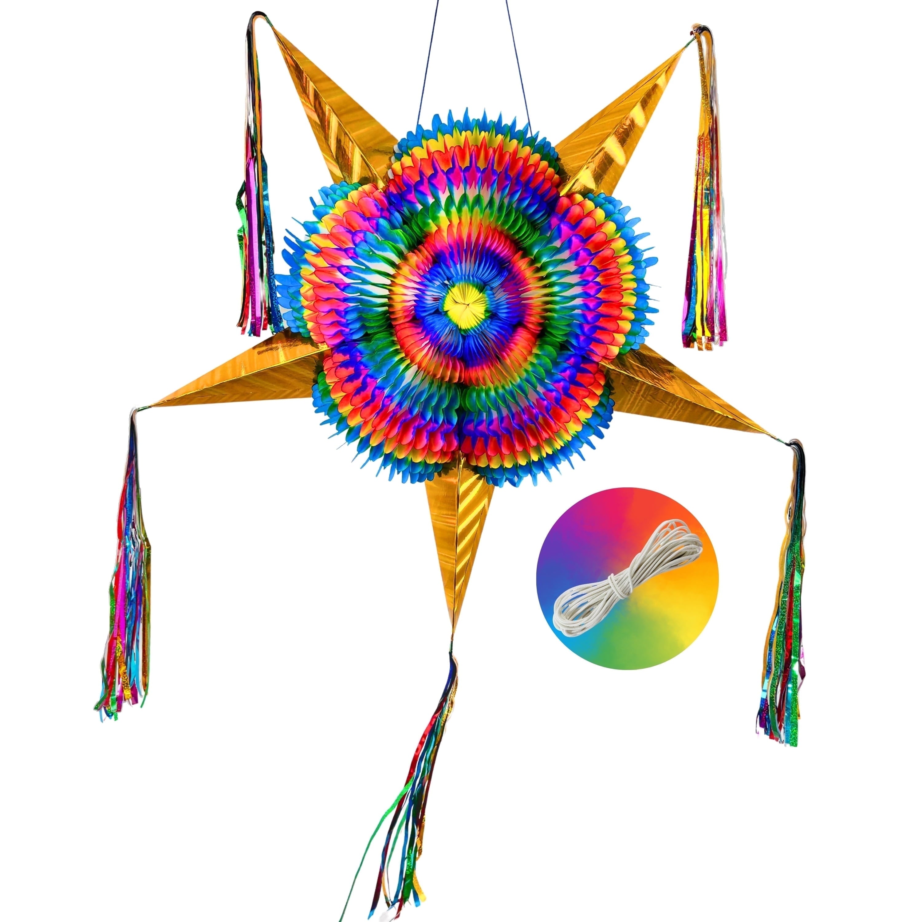 Extra Large 32" Pinata, Mexican Star with Gold Cones and 30-ft Rope - Handmade, Foldable Piñata for Birthday Parties and Mexican Fiestas