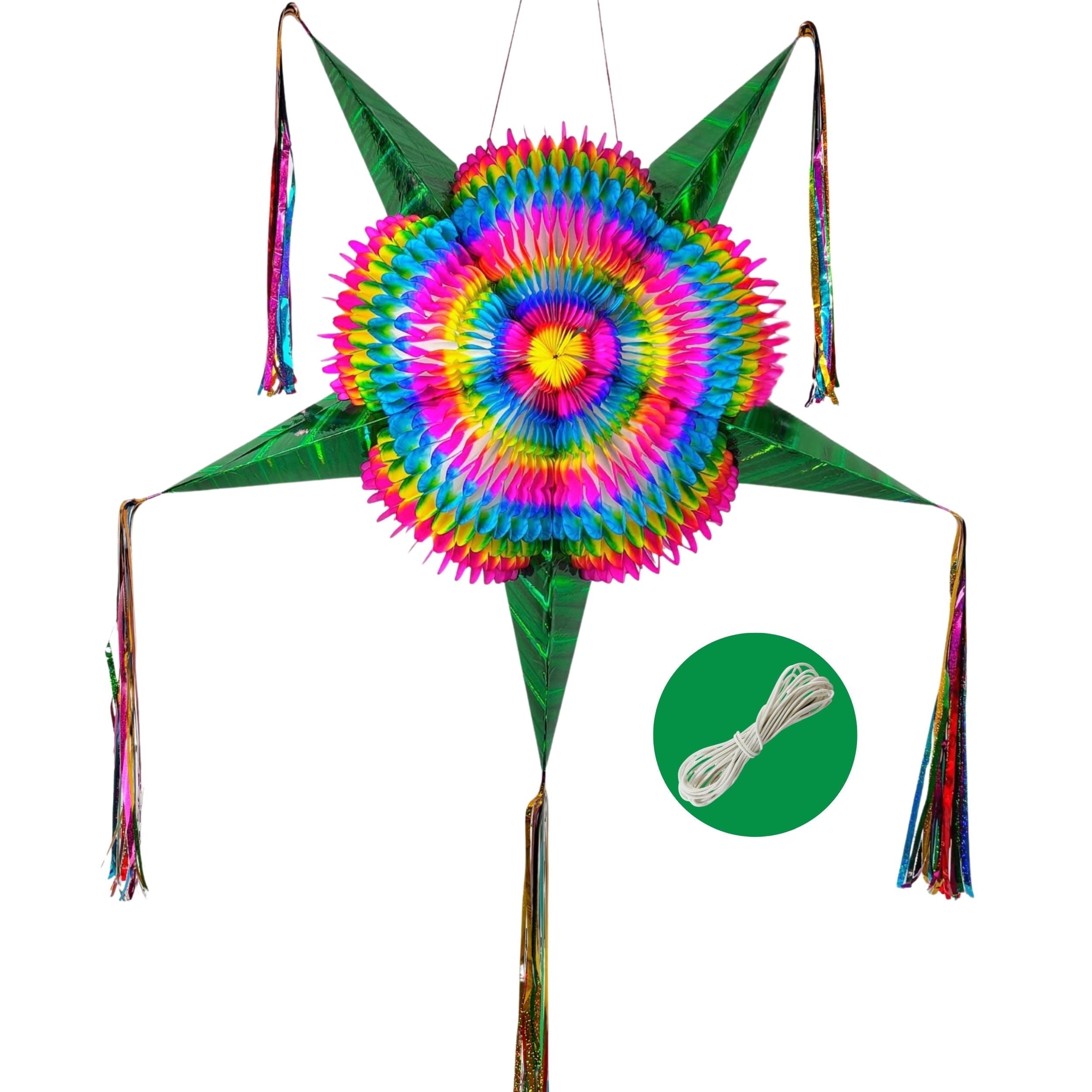 Extra Large 32" Pinata, Mexican Star with Gold Cones and 30-ft Rope - Handmade, Foldable Piñata for Birthday Parties and Mexican Fiestas
