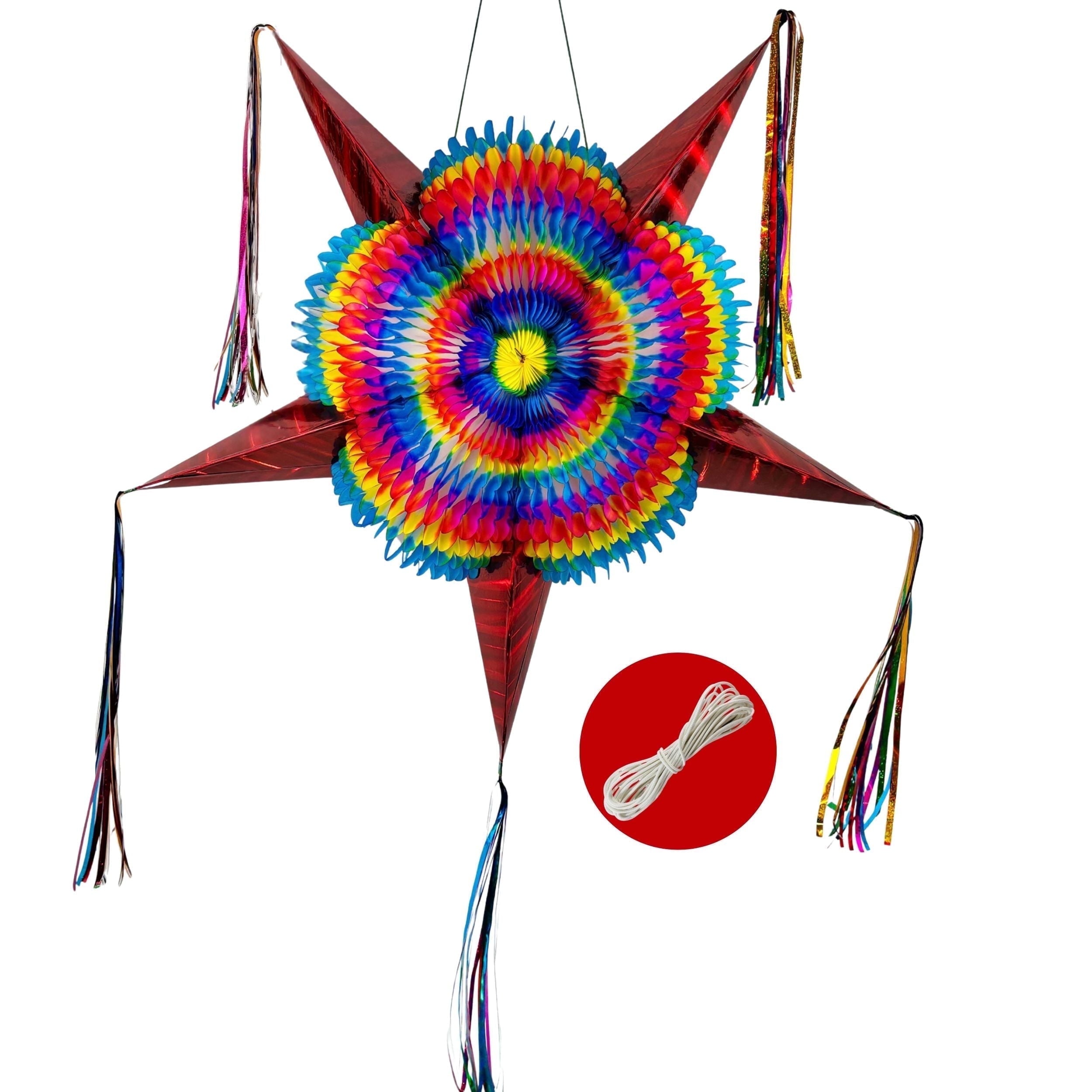 Extra Large 32" Pinata, Mexican Star with Gold Cones and 30-ft Rope - Handmade, Foldable Piñata for Birthday Parties and Mexican Fiestas