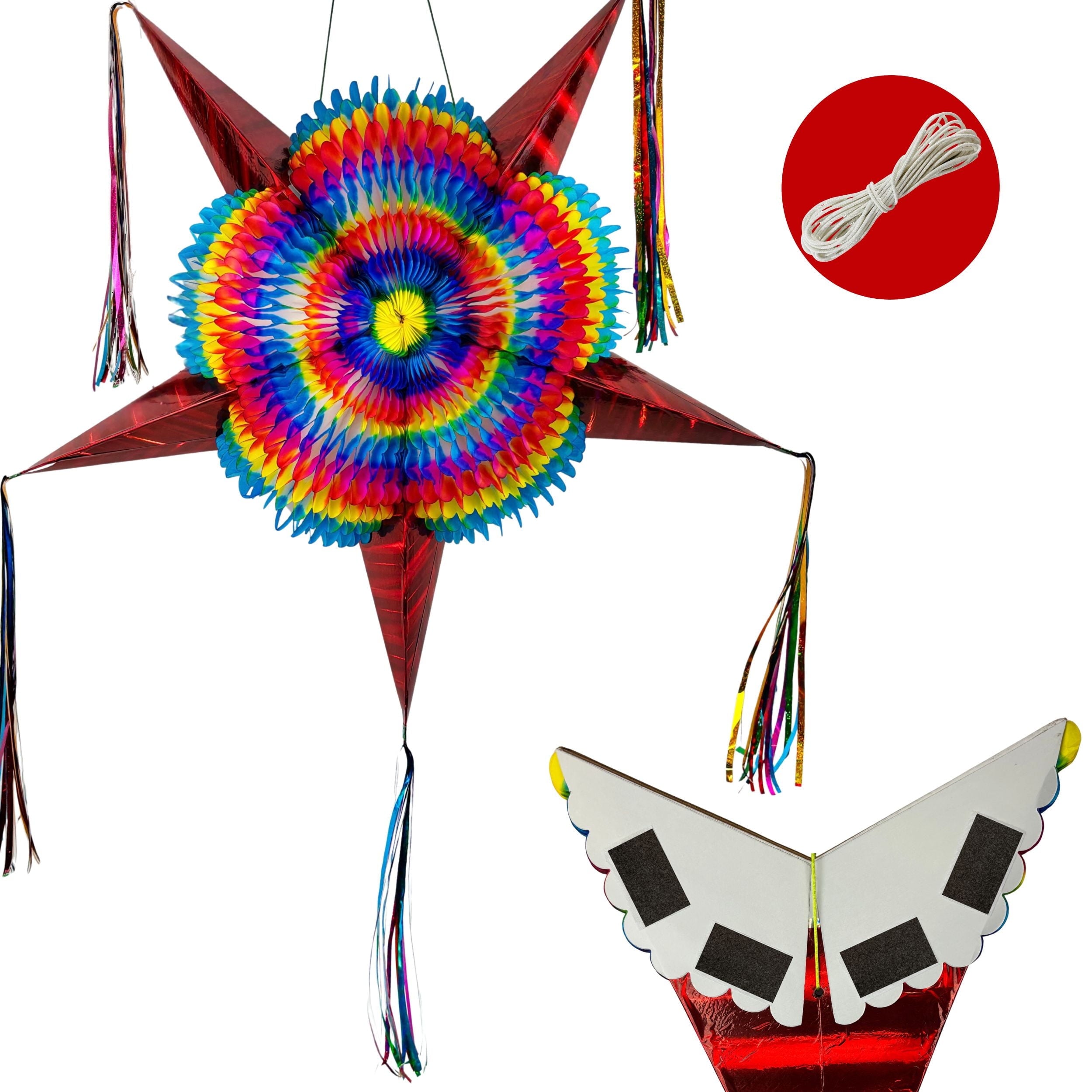 Extra Large 32" Pinata, Mexican Star with Gold Cones and 30-ft Rope - Handmade, Foldable Piñata for Birthday Parties and Mexican Fiestas