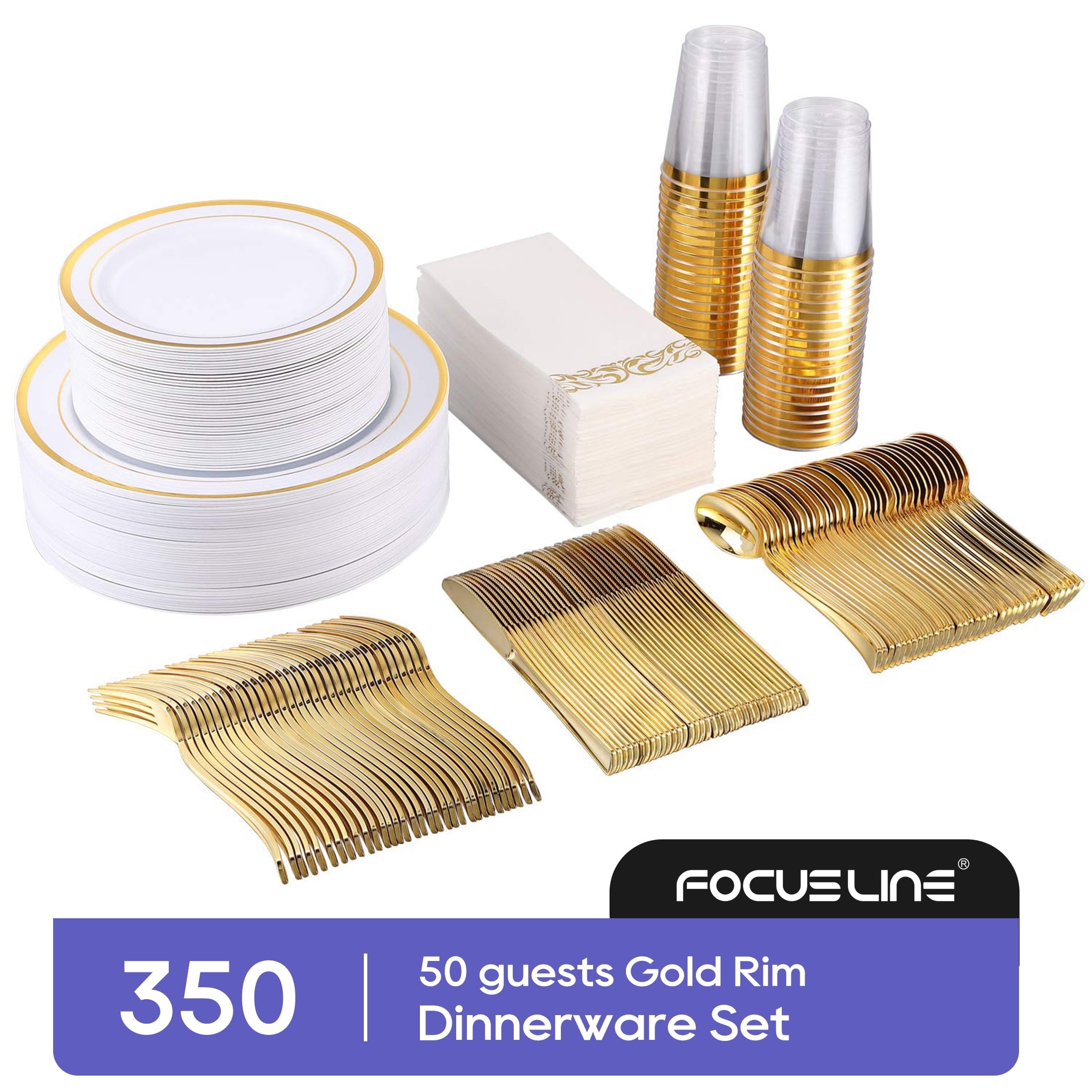 350 Piece Silver Dinnerware Set 50 Guest-100 Silver Rim Plastic Plates-50 Silver Plastic Silverware-50 Silver Plastic Cups-50 Linen Feel Silver Paper Napkins,FOCUSLINE Disposable Dinnerware Set