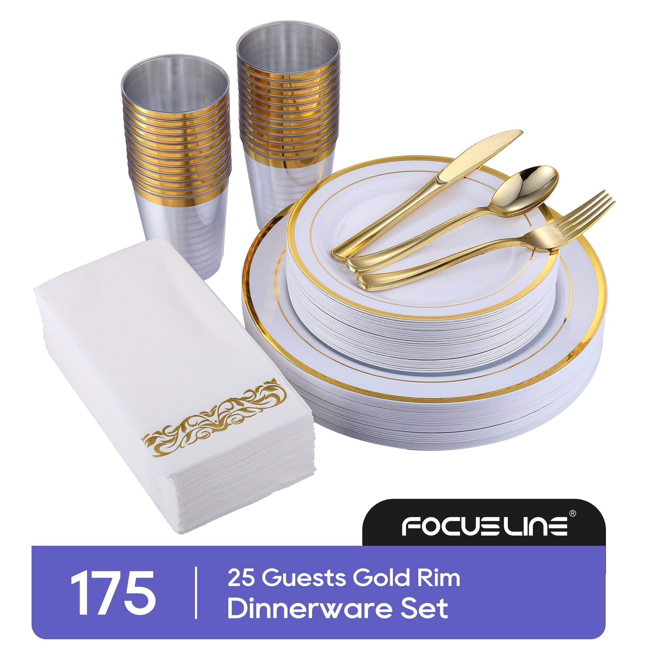 FOCUSLINE Silver Dinnerware Set, Heavy Duty Disposable Plastic Plates, 50 Plastic Plates-25 Plastic Silverware-25 Plastic Cups-25 Paper Napkins, 175 Pack