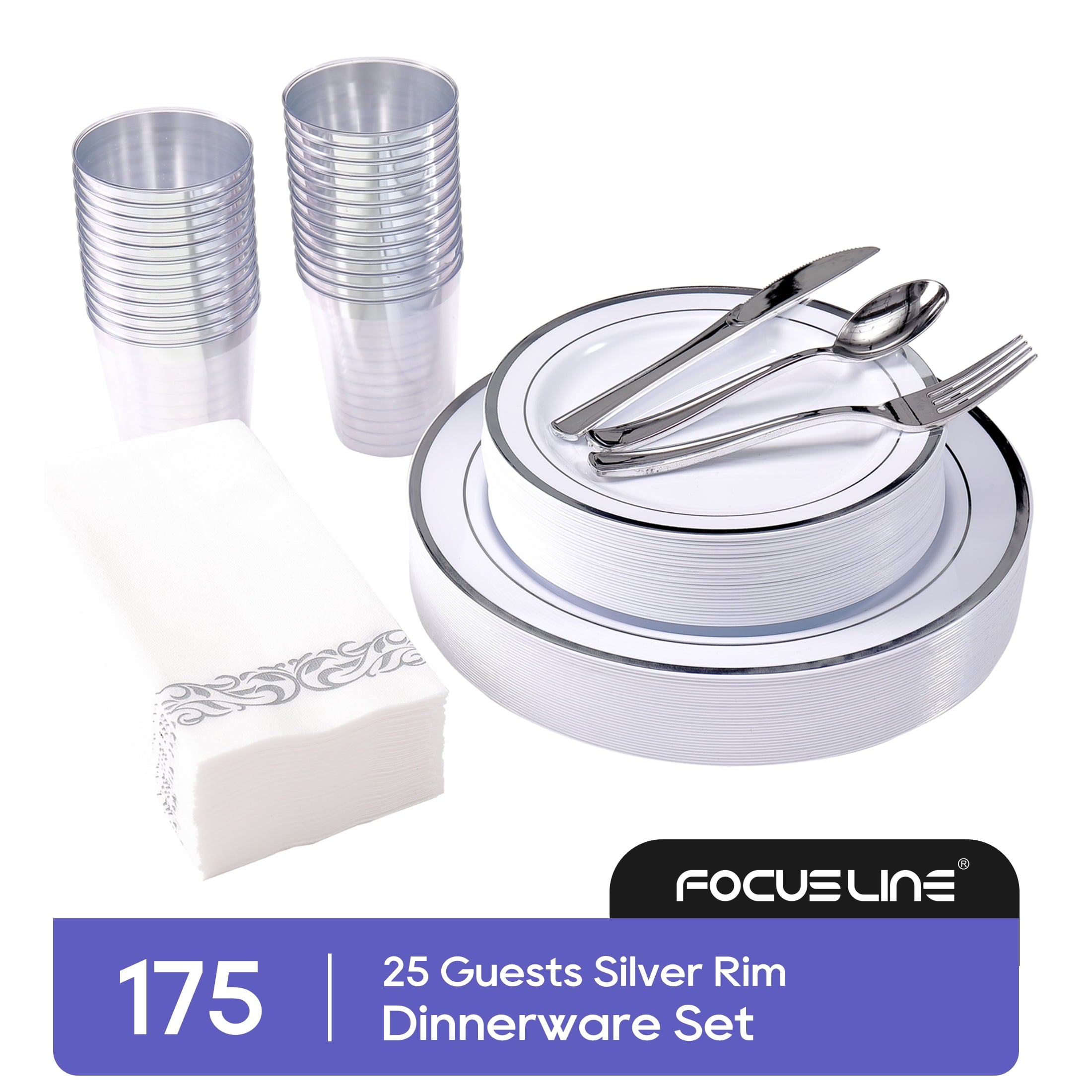 FOCUSLINE Silver Dinnerware Set, Heavy Duty Disposable Plastic Plates, 50 Plastic Plates-25 Plastic Silverware-25 Plastic Cups-25 Paper Napkins, 175 Pack