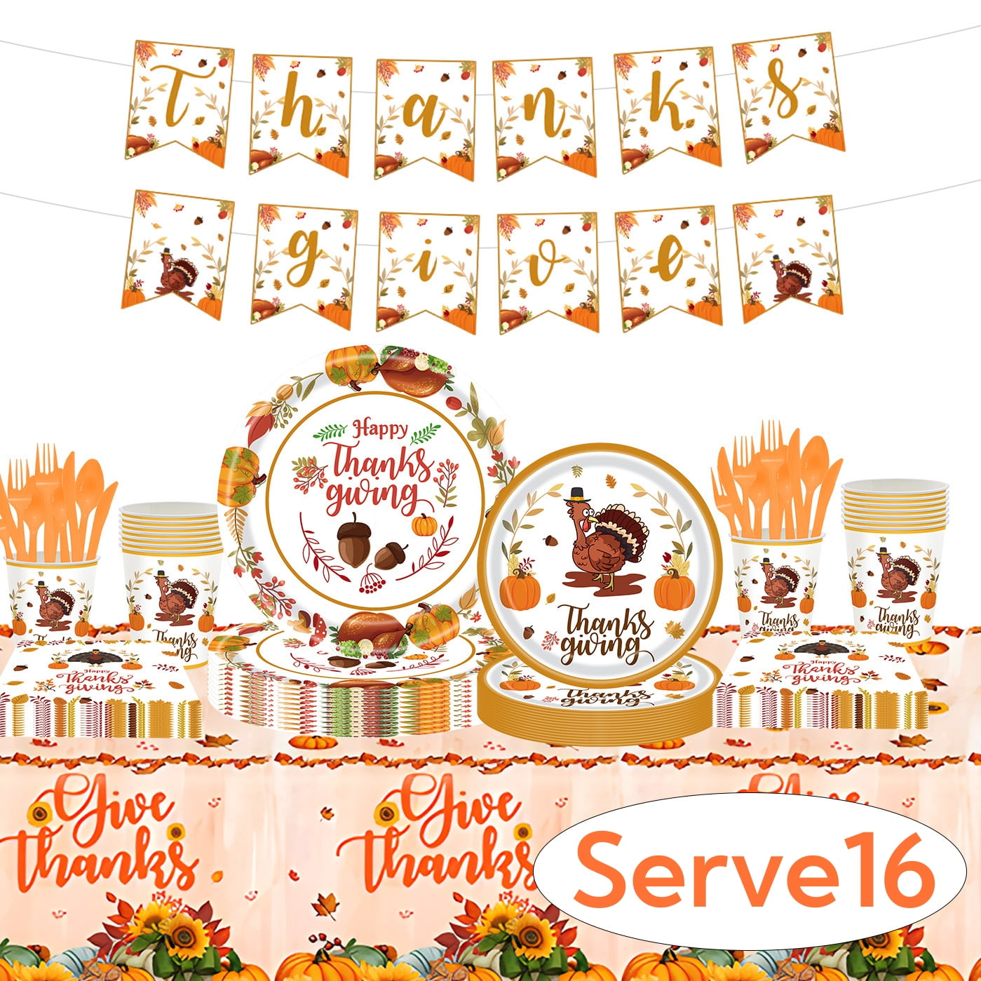 Fall Thanksgiving Paper Plates for Party Supplies Decoration Pumpkin Maple Leaf Napkins Tablecloth Banner Disposable Dinnerware for Autumn Harvest Table Decor Serve 24 Design3