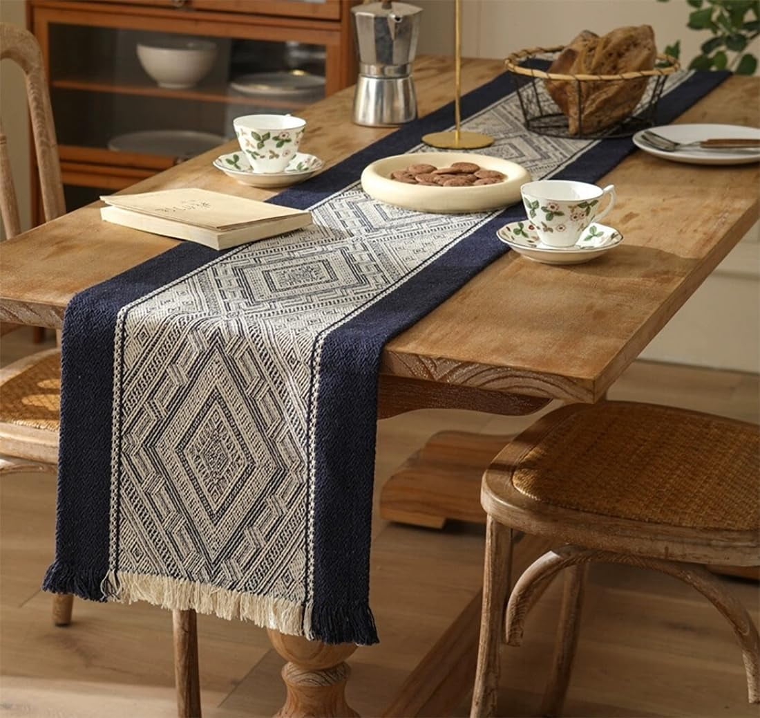 Fennco Styles Diamond Weave Fringe Cotton Blend Table Runner 14" W x 72" L - Beige Geometric Rectangular Table Cover for Boho Décor, Dining Table, Banquets, Family Gatherings