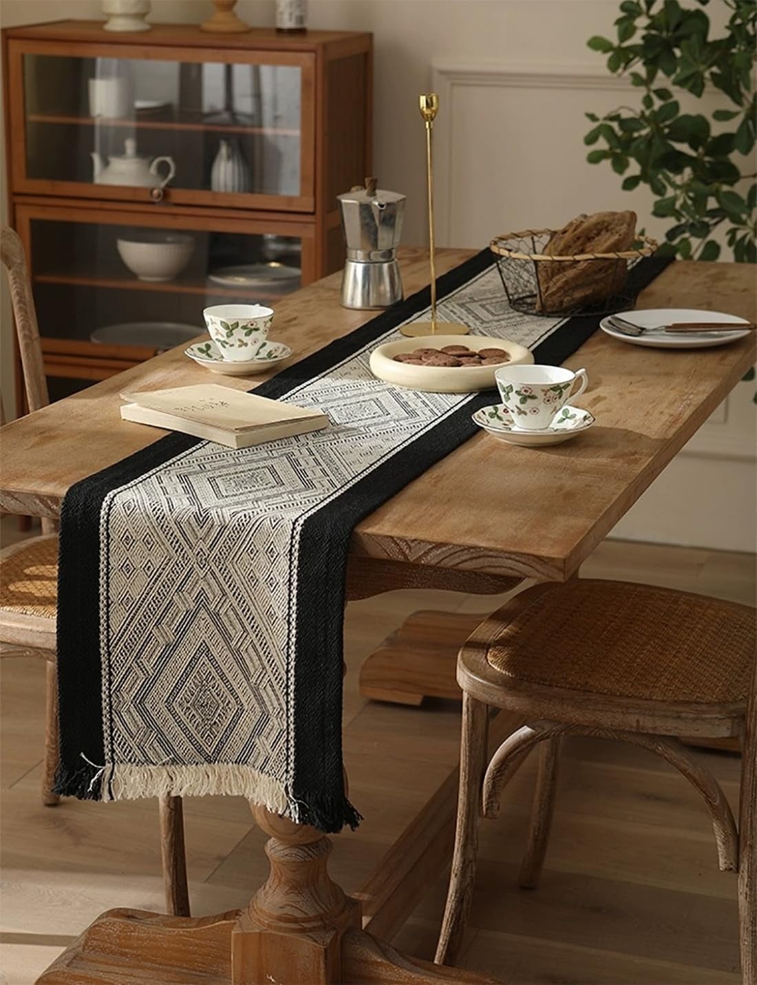Fennco Styles Diamond Weave Fringe Cotton Blend Table Runner 14" W x 72" L - Beige Geometric Rectangular Table Cover for Boho Décor, Dining Table, Banquets, Family Gatherings