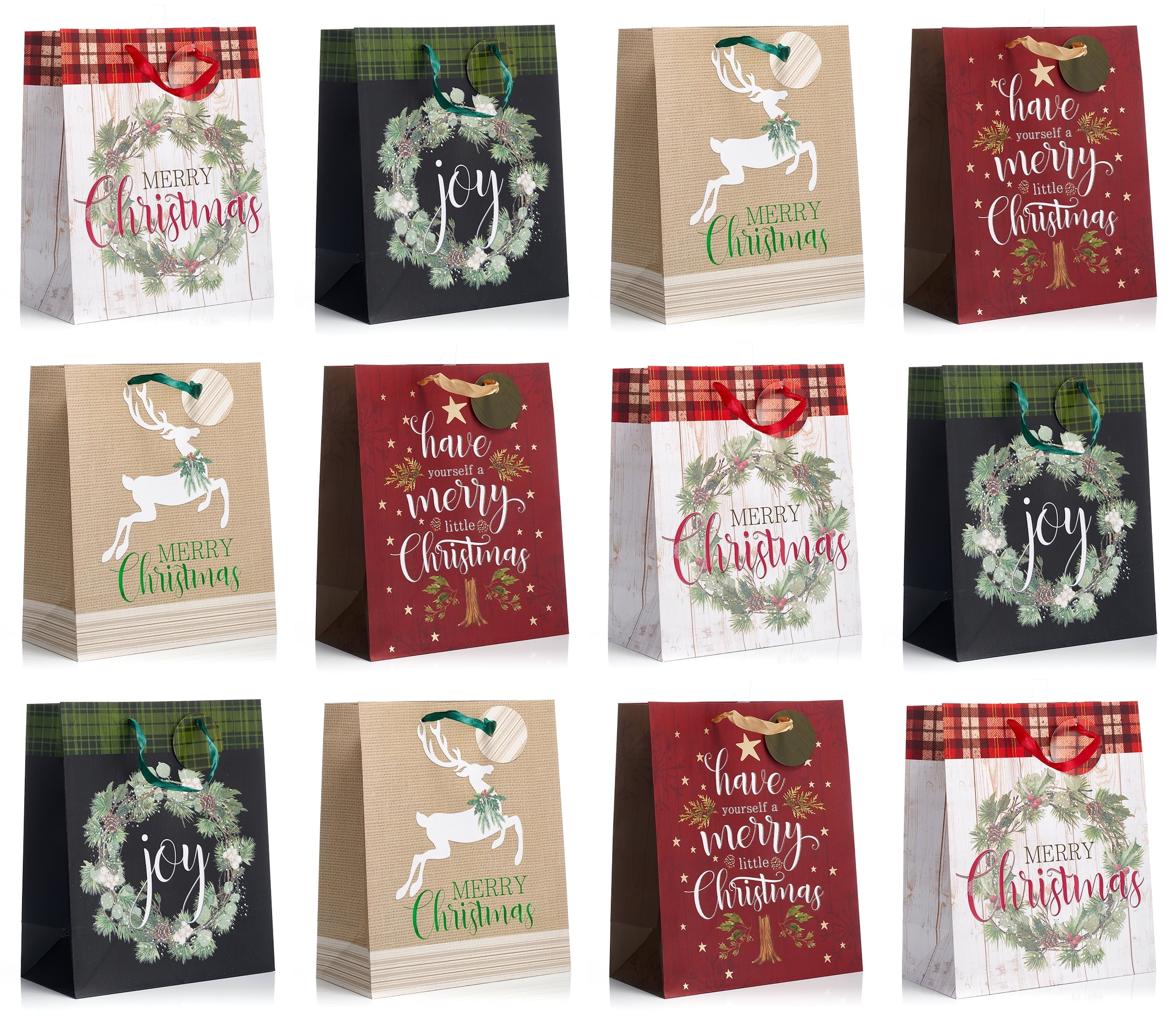 Christmas Large Holiday Gift Bags with Foil Hot Stamps (Pack of 12)