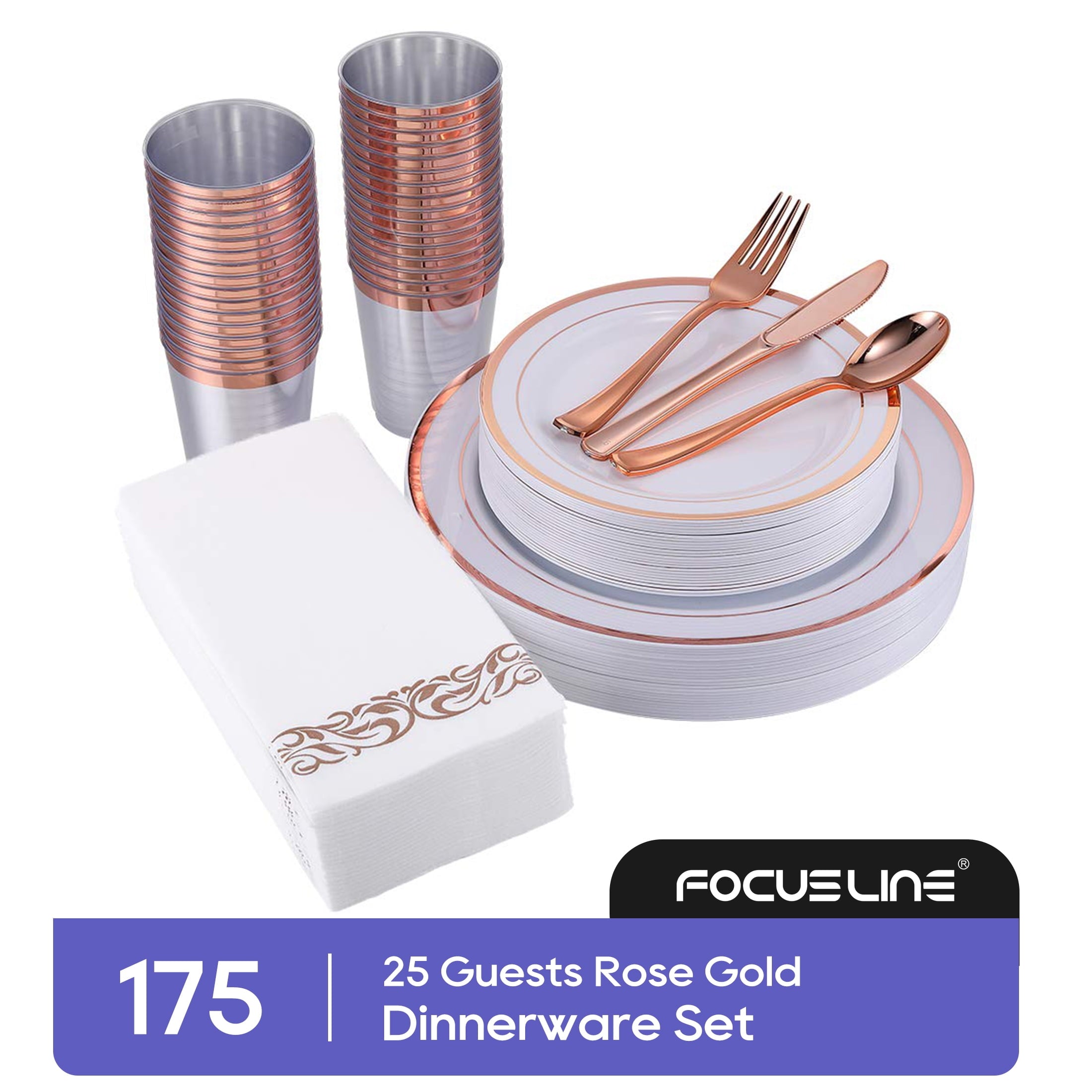 FOCUSLINE Silver Dinnerware Set, Heavy Duty Disposable Plastic Plates, 50 Plastic Plates-25 Plastic Silverware-25 Plastic Cups-25 Paper Napkins, 175 Pack