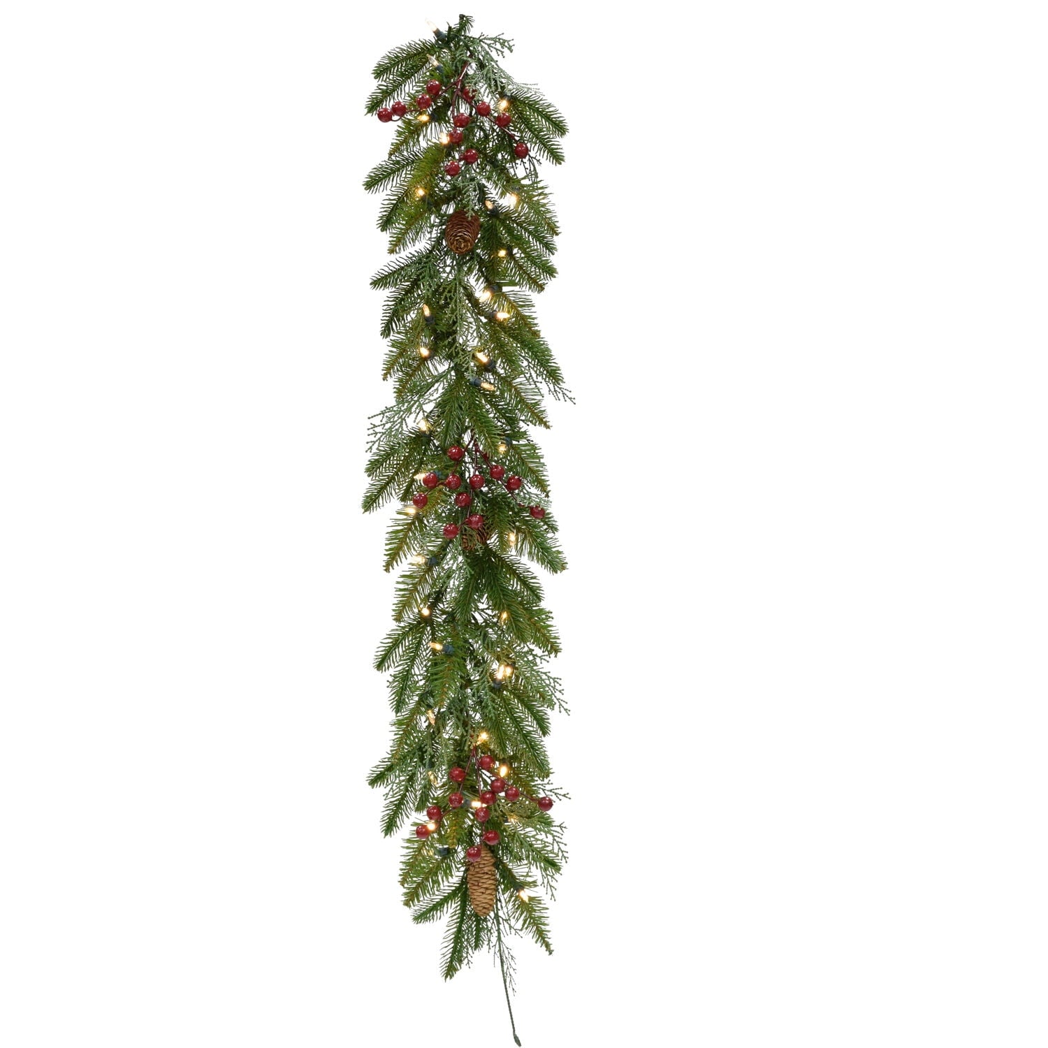 Fraser Hill Farm Mixed Pine Garland with Pinecones and Red Berries, 9-Ft. Long | Perfect Christmas Decoration for Door or Wall | Battery-Operated Warm White LED Lights | FF008CHGL-108-5GR