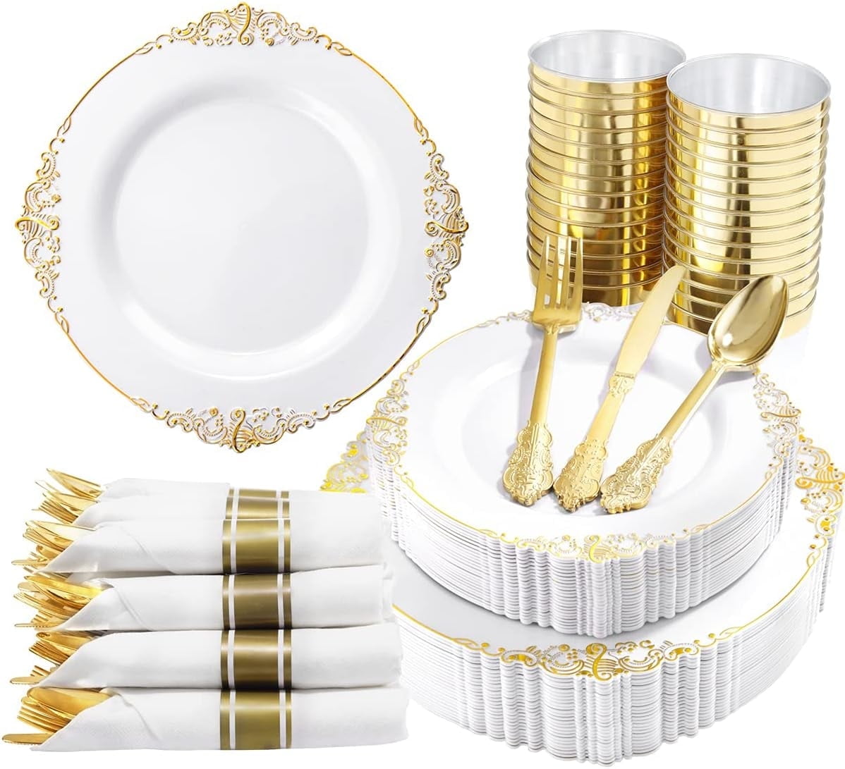 Frsuoak 350 Piece Gold Dinnerware Set for 50 Guests, Plastic Plates Disposable for Party, Include: 50 Gold Rim Dinner Plates, 50 Dessert Plates, 50 Paper Napkins, 50 Cups, 50 Gold Silverware Set